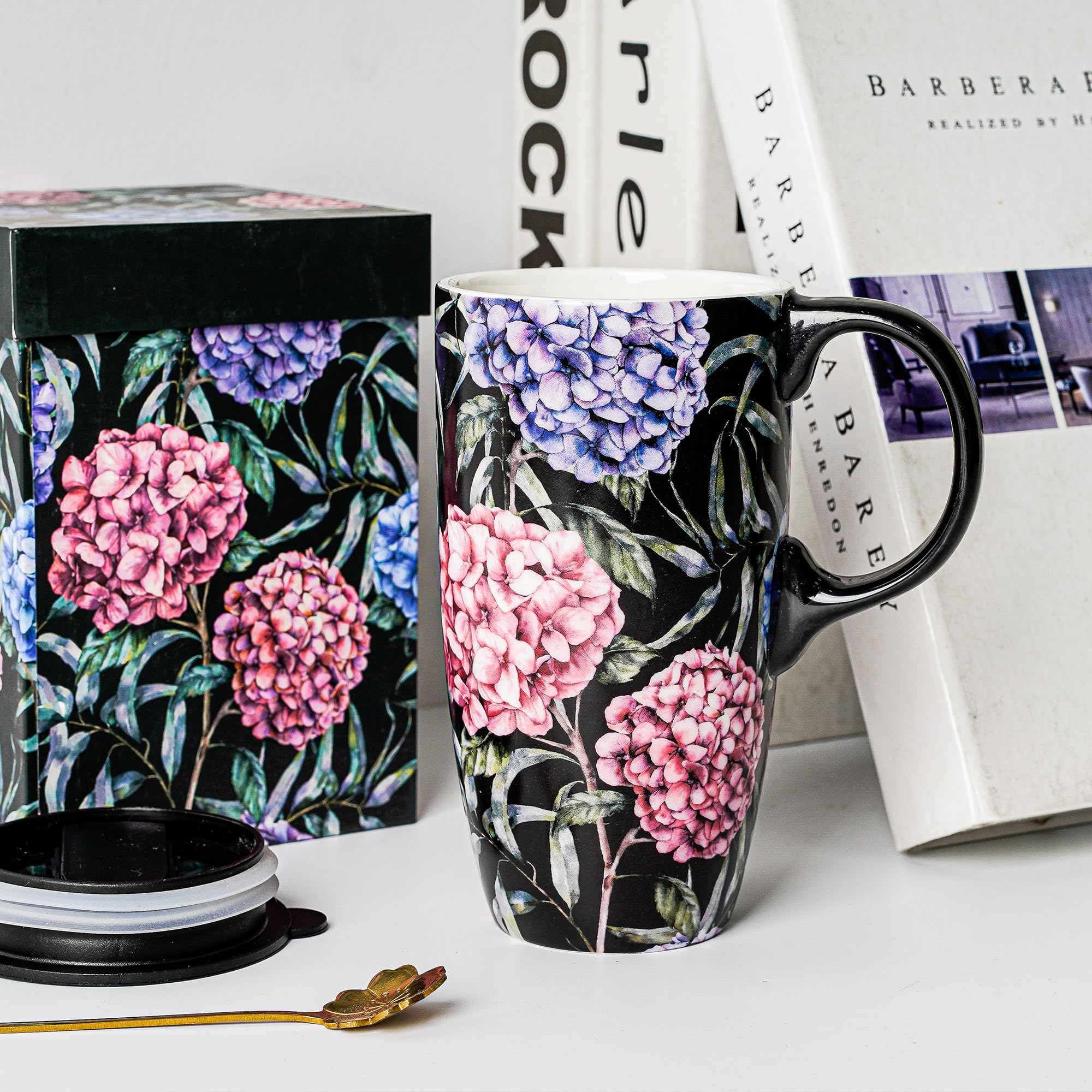 DUSVALLY Leak-Proof Ceramic Travel Mug 17oz - Hydrangea Coffee Cup with Secure Lid, Porcelain Latte Tea Cup with Elegant Gift Box - Image 2