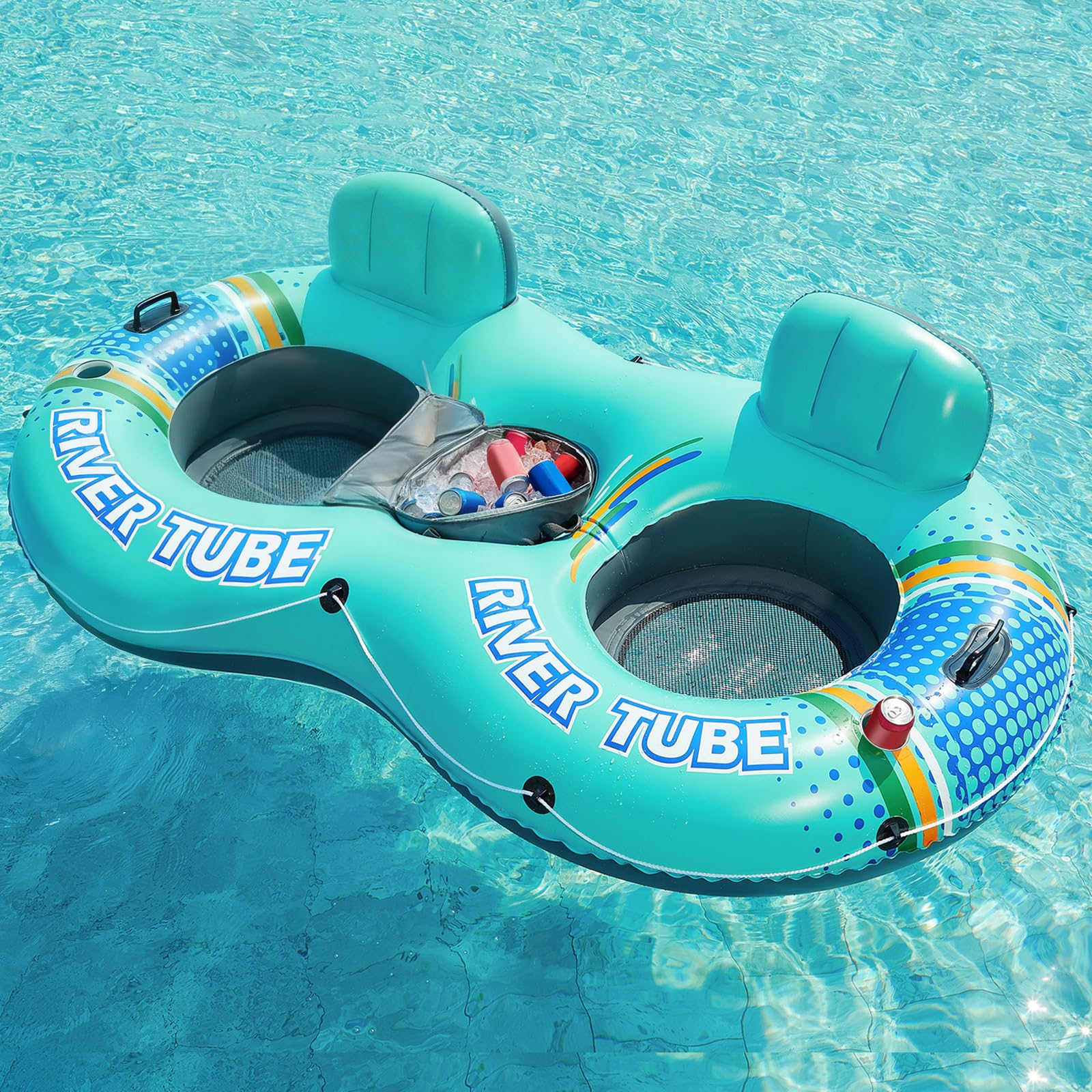 Jasonwell Heavy Duty 2 Person Inflatable River/Pool Tube Float with Removable Cooler, Tubes for Lake, Floating River Raft Lounge Floatie with 2 cup Holders For Adults, Cyan