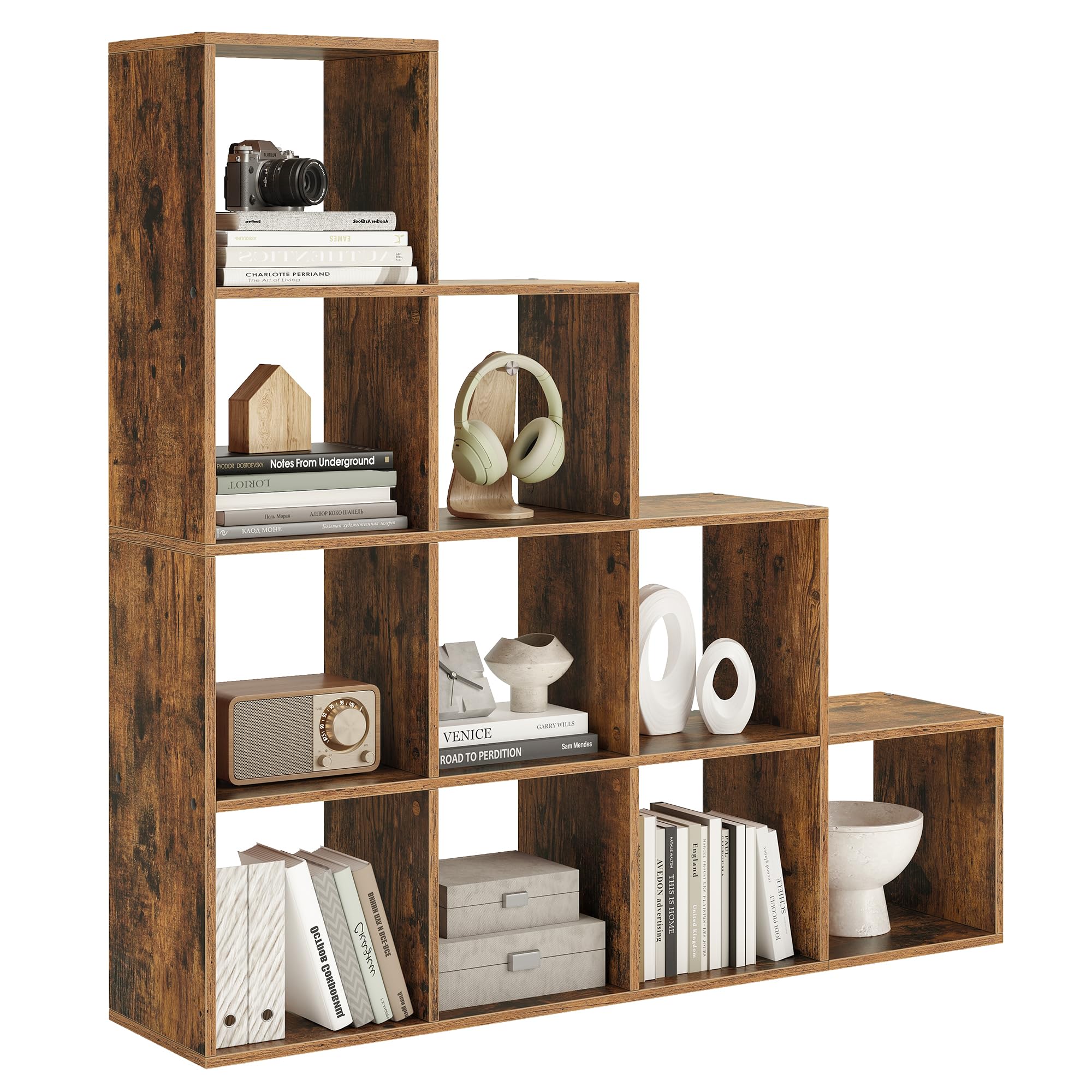 VASAGLE Bücherregal mit 10 Fächern, Regal offen, Stufenregal, Ordnungssystem für Deko, Fotos, Pflanzen, Wohnzimmer, Schlafzimmer, Arbeitszimmer, 29 x 129,5 x 129,5 cm, vintagebraun LBC10BX
