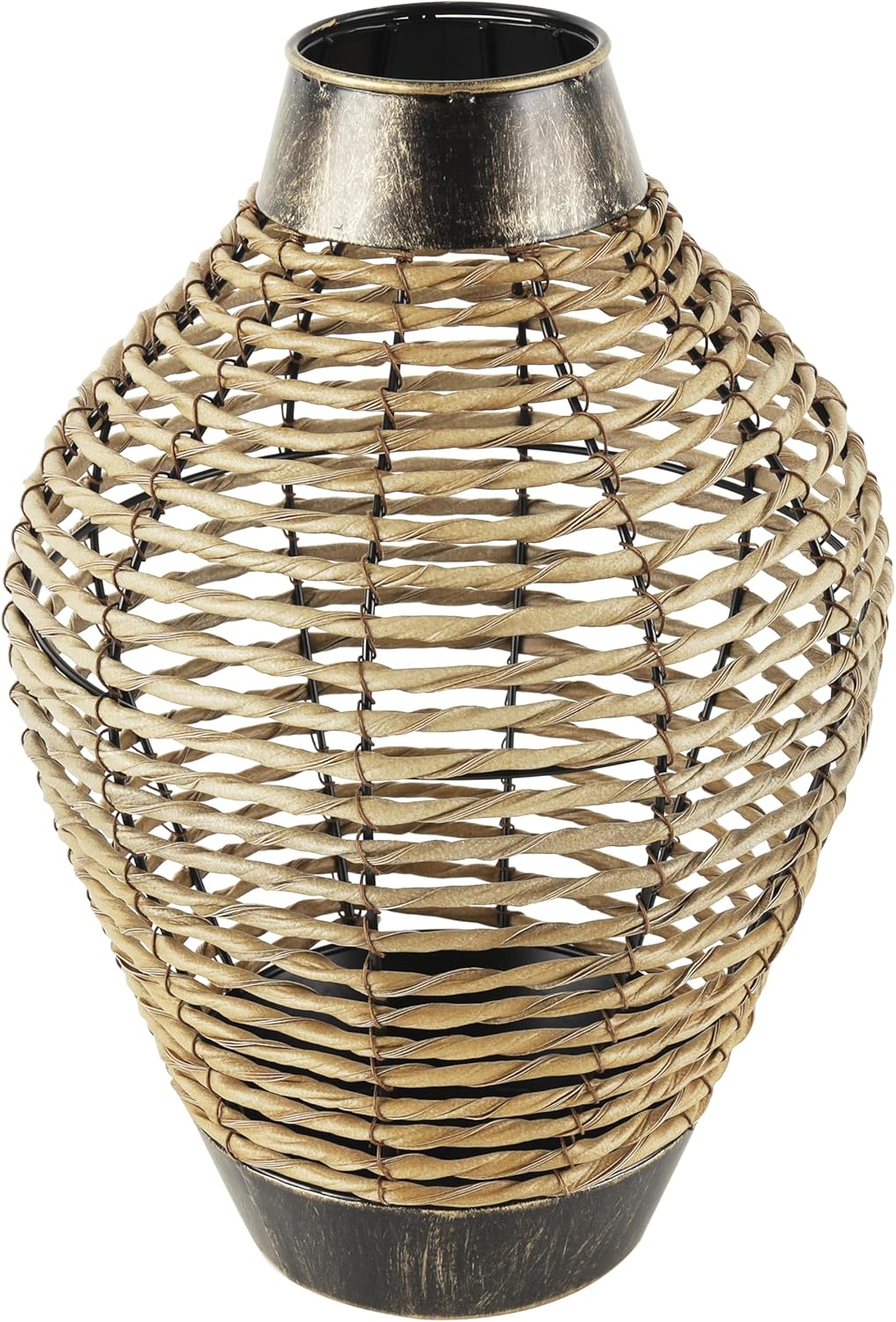 Deco 79 Plastic Rattan Handmade Decorative Vase, Twisted Centerpiece with Open Frame Design and Bronze Metal Base, 11" x 11" x 18", Bronze