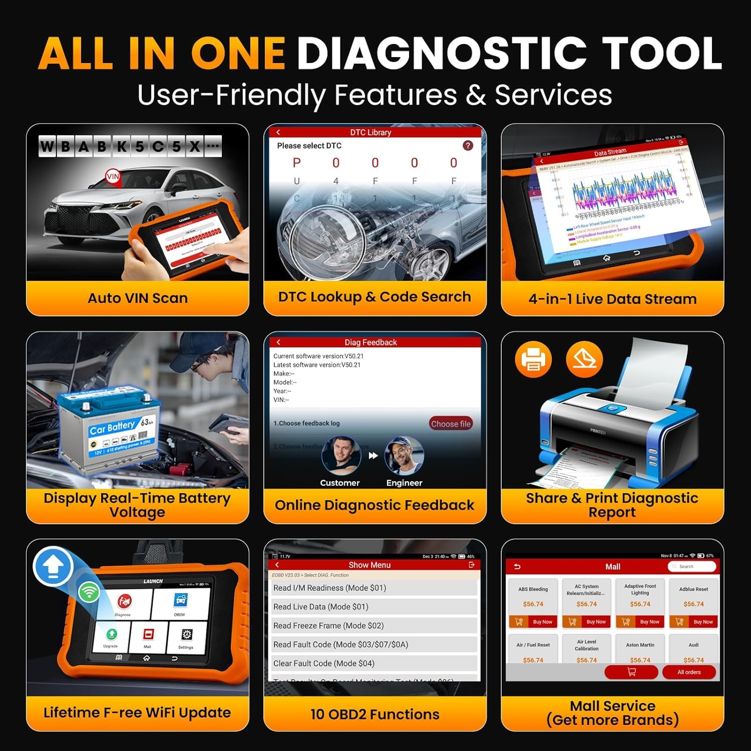 LAUNCH CRE 2.0 OBD2 Diagnosegerät für VW/für Audi/für Skoda/für Seat/für Bentley/für Bugatti/für Lamborghini,Alle Systems:Motor,Getriebe,ABS,SRS,TPMS,EPB,ESP usw.50+ Reset-Funktion,ECU-Codierung