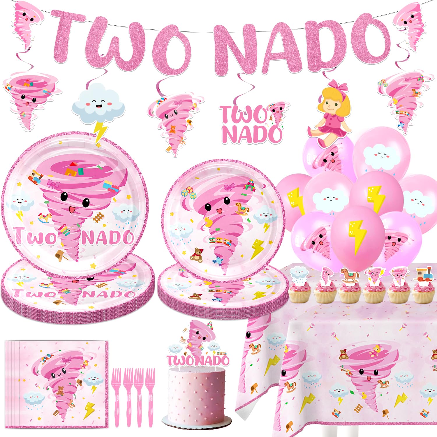 View 1 of 132PCS Pink Tornado Party Supplies Birthday Decorations for Girls Tornado 2nd Disposable Plates Napkins Set, Banner, Hanging Swirls, Tablecloth, Cake Topper, Balloon,Tornado 2nd 2 Year Old Baby Shower