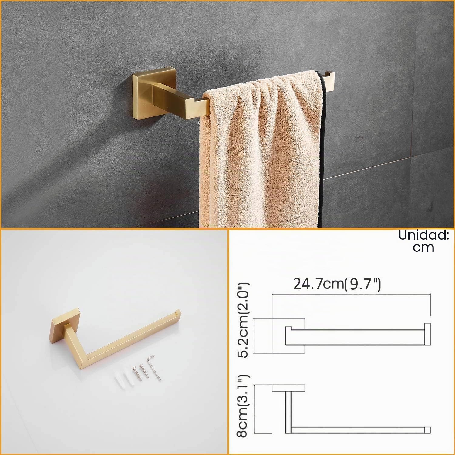 Beelee Conjunto de hardware de baño 5 piezas Dorado cepillado, montado en la pared Accesorio de baño moderno 304 acero inoxidable Barra de toalla Porta papel higiénico Ganchos para batas