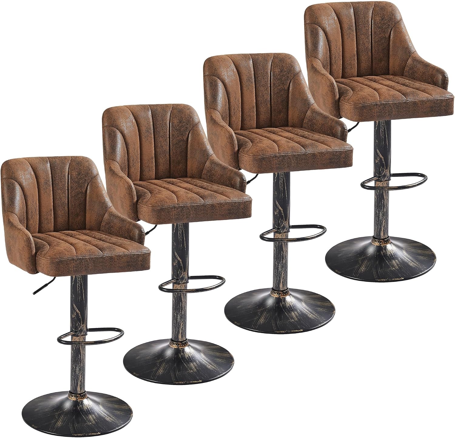 VECELO Bar Stools Set of 4, Adjustable Barstools, Counter Height Stools with Back and Arm, Kitchen Island Stools, Swivel PU Chairs for Pub, Dining Room, Industrial Style, Brown