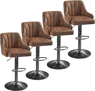 VECELO Bar Stools Set of 4, Adjustable Barstools, Counter Height Stools with Back and Arm, Kitchen Island Stools, Swivel PU Chairs for Pub, Dining Room, Industrial Style, Brown