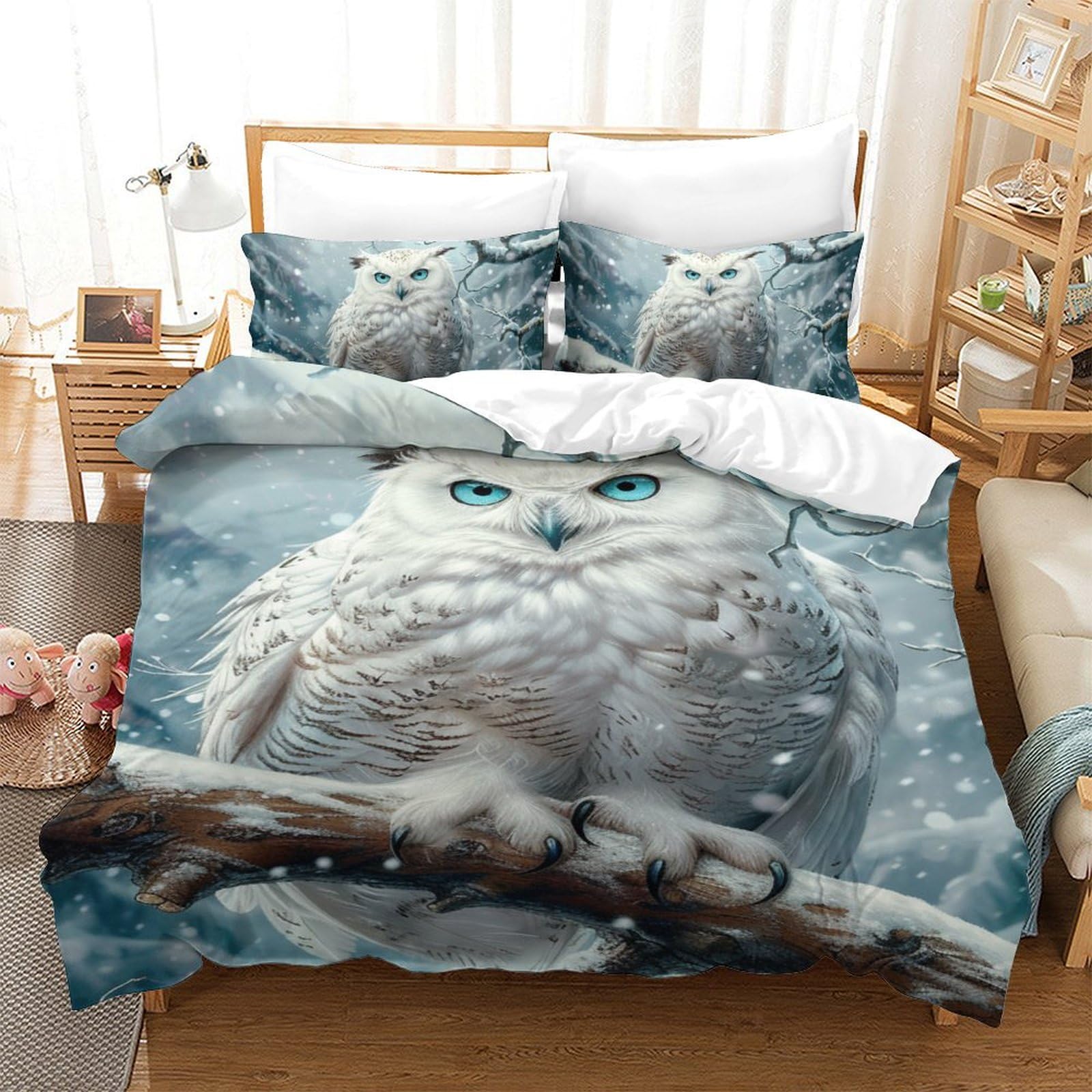 Housses de couettes chouette blanche imprimé 3D avec microfibre super douce 3 pièces