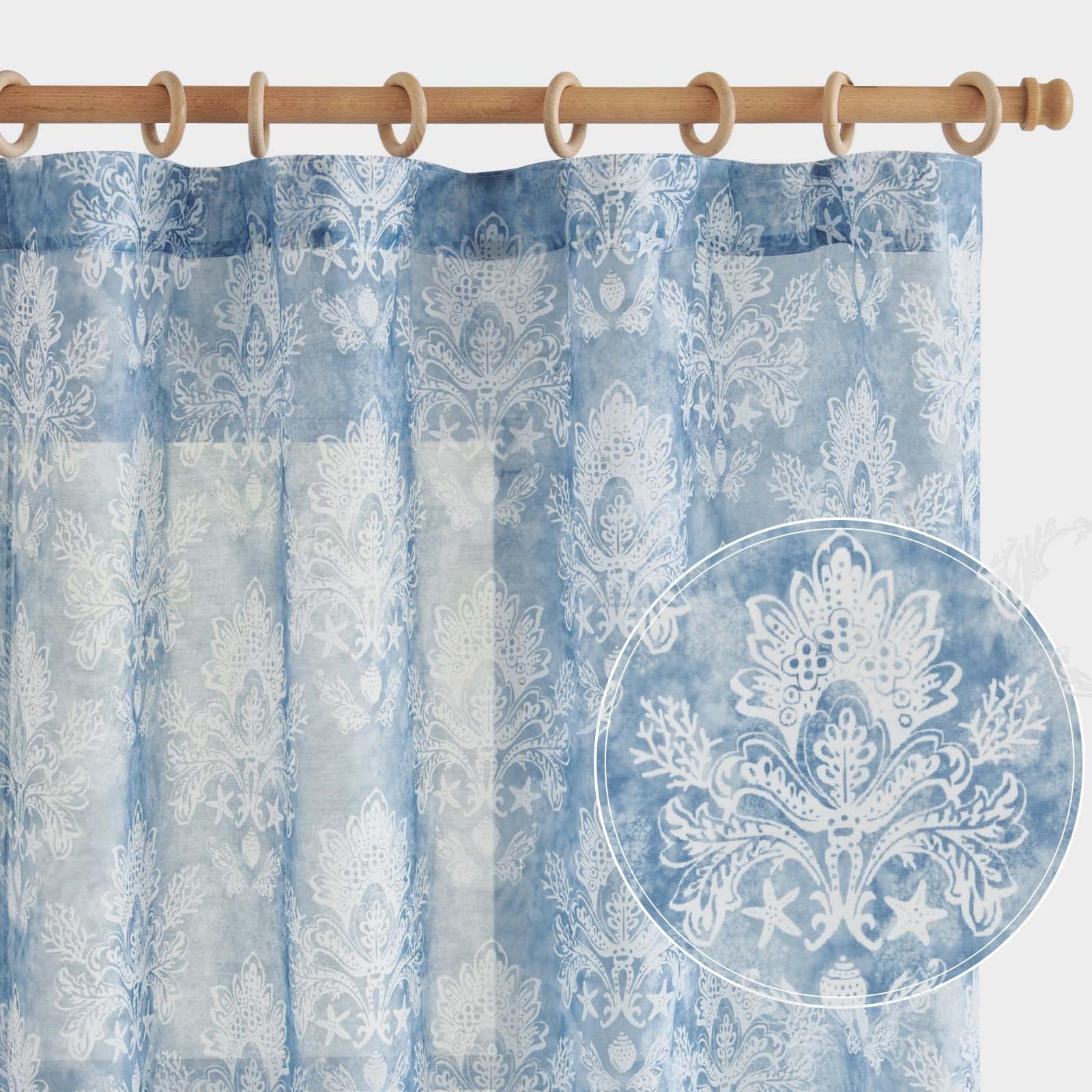 jinchan Linen Sheer Curtains for Living Room, Blue Damask Floral Pattern Curtains 84 Inch Length for Bedroom, Light Filtering Voile Coastal Drapes, Back Tab Rod Pocket Window Curtain 2 Panels Blue