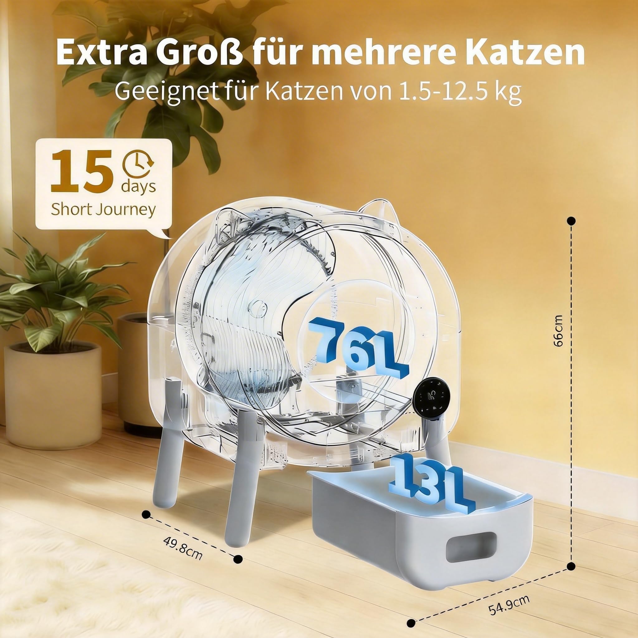Selbstreinigende Katzentoilette, 76L Automatisches Katzenklo mit App-Steuerung & Sicherheitsschutz, Großes Volumen für Mehrkatzenhaushalte, Einstellbares LED-Nachtlicht, inkl. 1 Rolle Müllbeutel