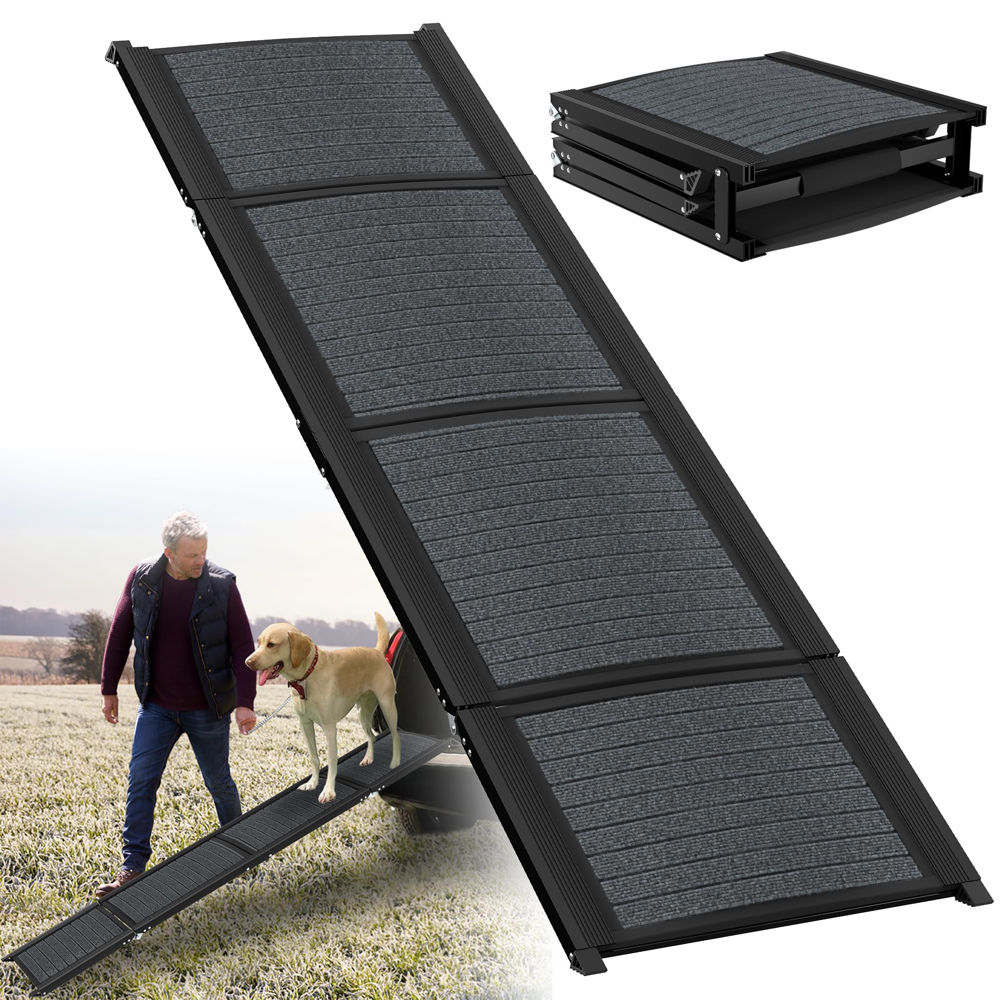 XMTECH Składana rampa dla psów, 157 cm, rampa samochodowa dla psów, do bagażnika, do samochodów, ciężarówek i SUV, do 110 kg, lekka, stabilna, antypoślizgowa, czarna