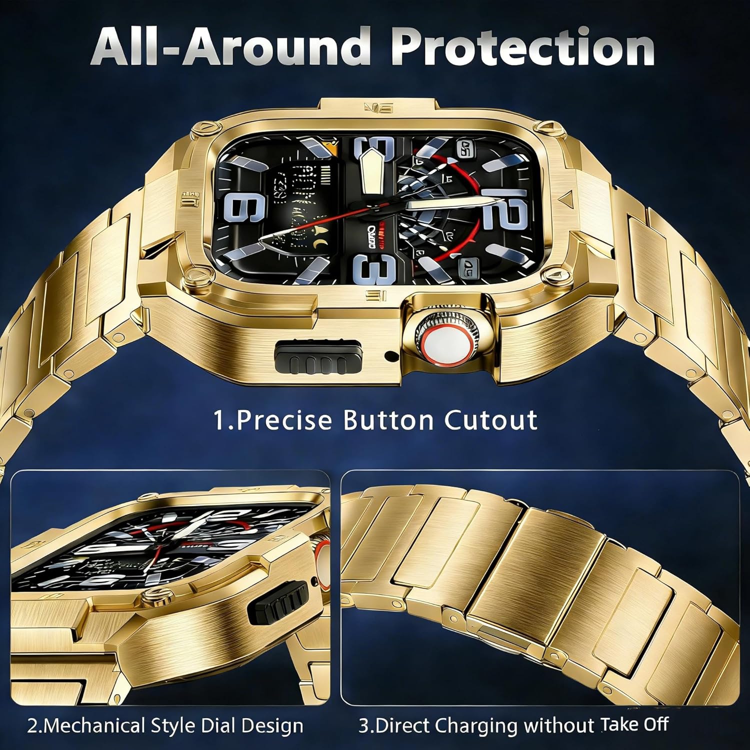 Business Stainless Steel Case with Band Compatiable for 49mm Apple Watch Ultra bands for men, Rorust Metal Apple Watch Bumper Case Cover with Solid Replacement Strap for iWatch Band Ultra 2/1,Gold - Image 3