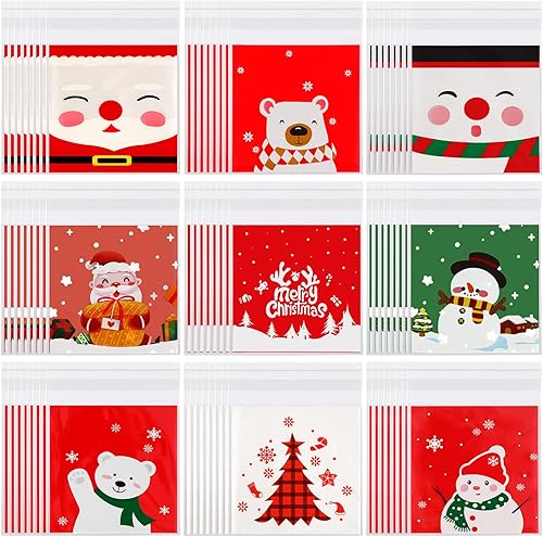 FEBSNOW 450 bolsas autoadhesivas de celofán para dulces de Navidad, bolsas de galletas para Navidad, fiestas, regalos de decoración (9 patrones)