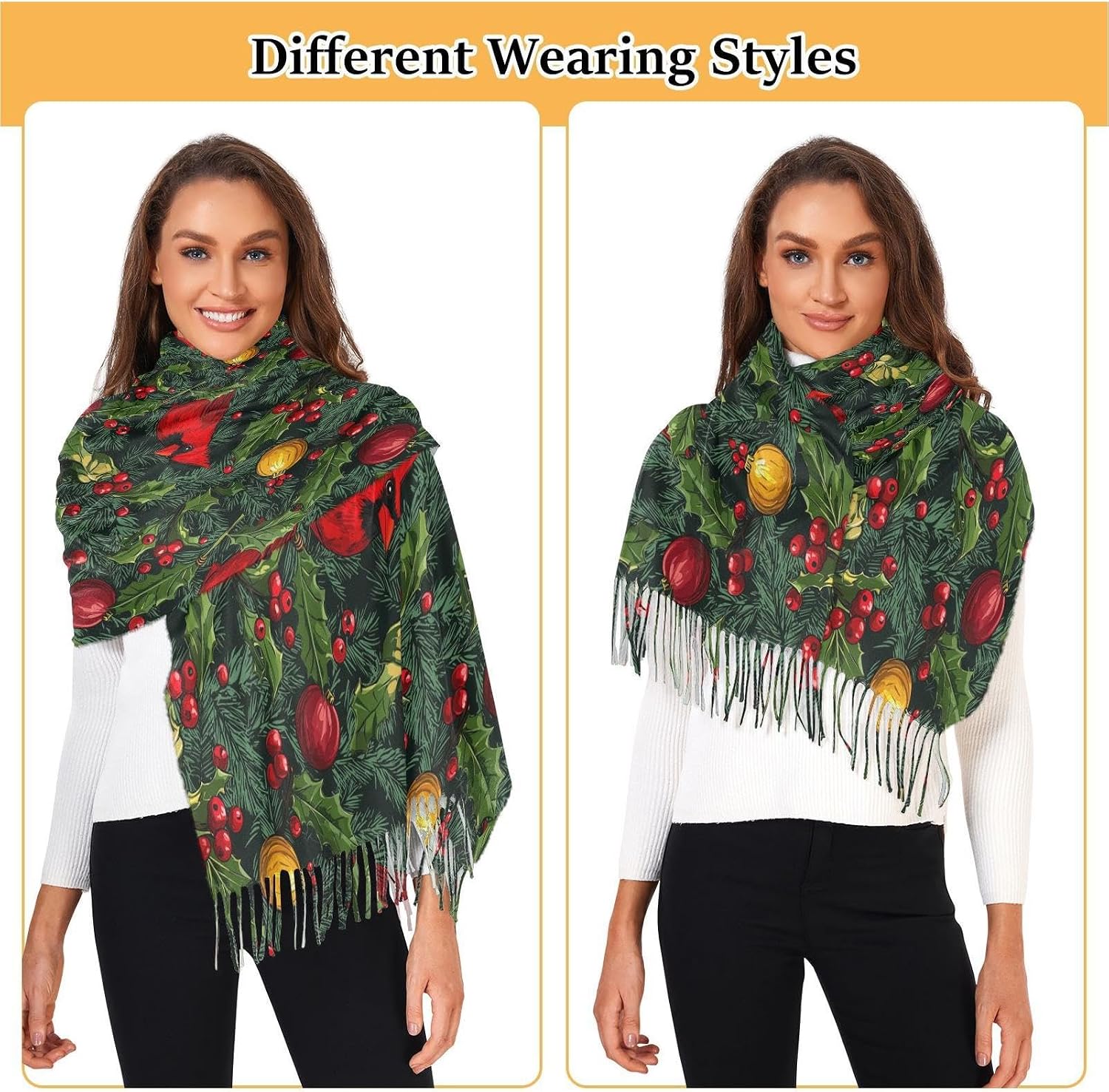 Winter Scarf for Women Christmas Red Cardinal Green Holly Fashion Tassel Shawl Wraps for Women, Cold Weather Warm Womens Scarves Soft Long Scarf Gifts