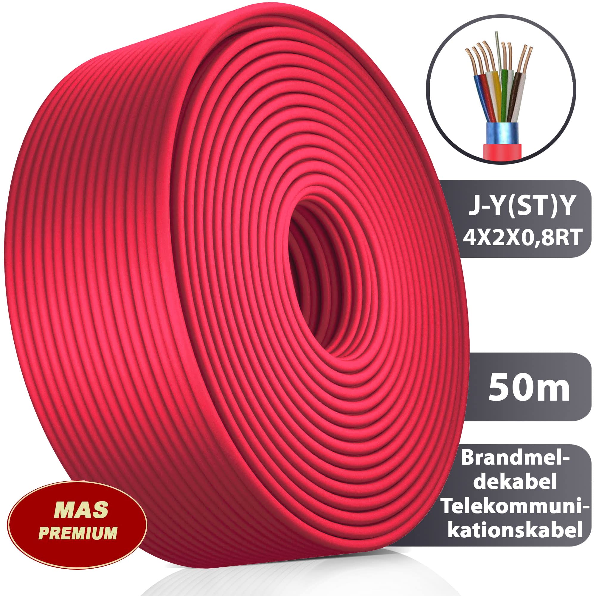 MAS Premium Von 5 bis 250m Brandmeldekabel Telekommunikationskabel J-Y(ST) Y 4X2X0,8 RT Fernmeldekabel Fernmeldeleitung Brandmeldeleitung (50m)