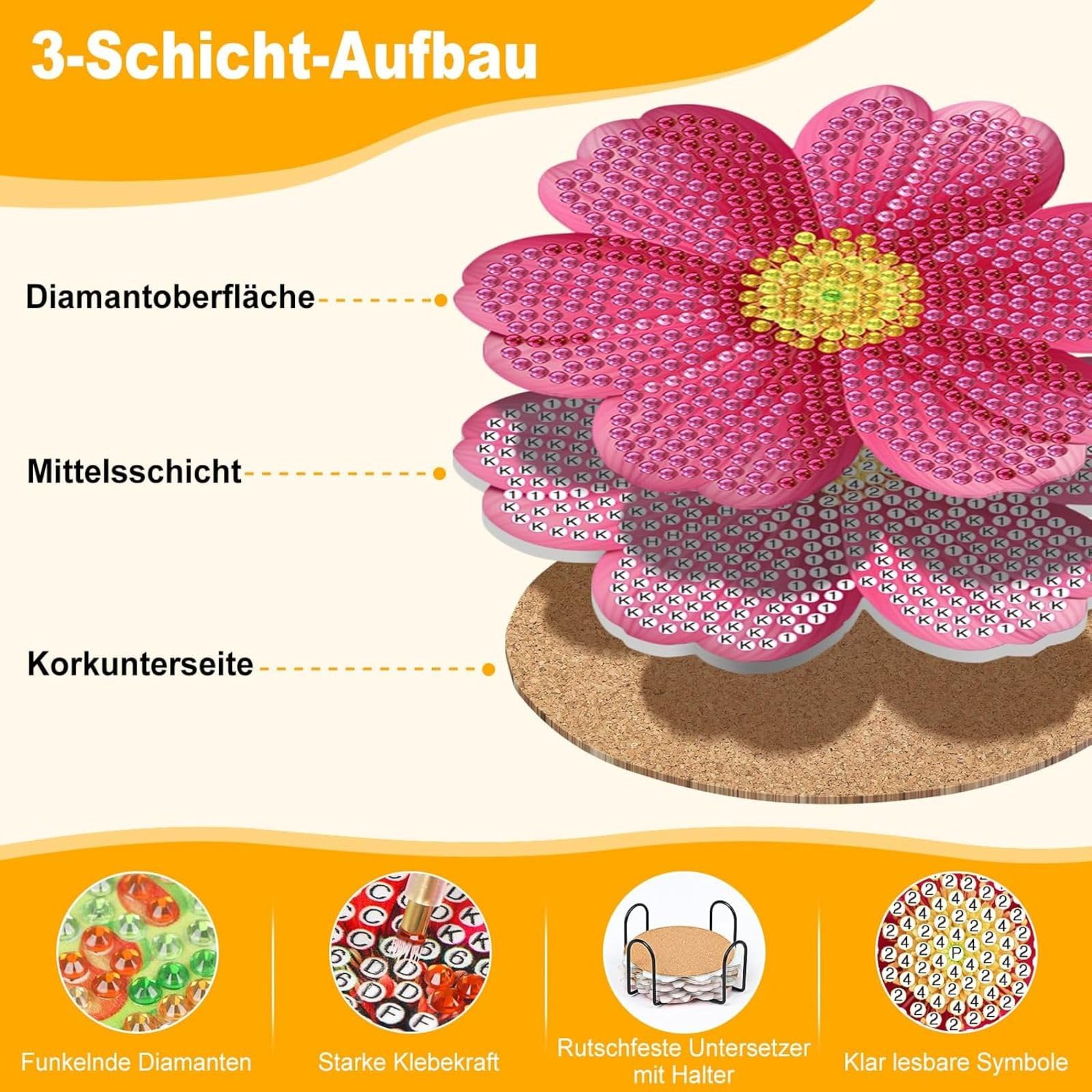 8 Stück Diamond Painting Untersetzer Mit Halter,5D Diy Kunst Untersetzer