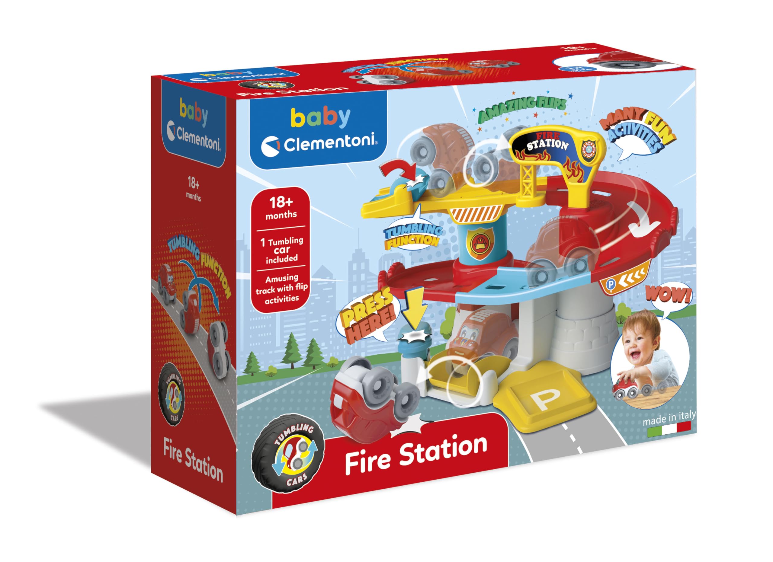 Clementoni Baby Fire Station, Pista Macchinine per Bambini 18+ Mesi, con 1 Macchinina Ribaltabile, Stimola Manualità e Curiosità, Gioco Prima Infanzia Made in Italy, Linea Play for Future, 17559