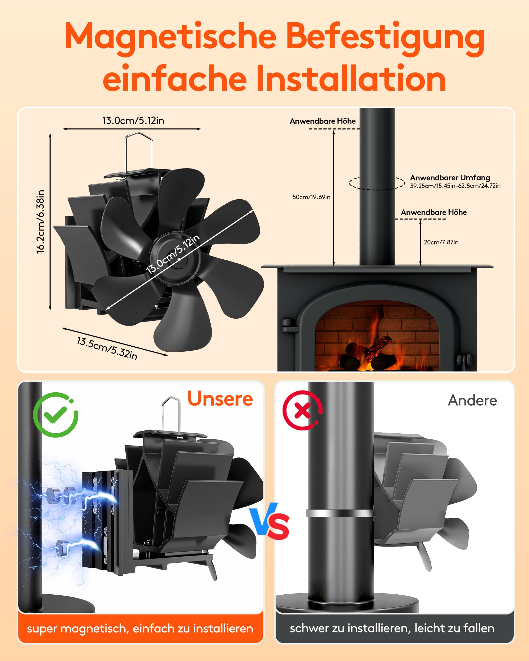 Signstek Ventilador de chimenea magnético, sin electricidad, silencioso, ventilador de estufa con 6 hojas para chimenea/chimenea/horno/madera/tubo de estufa