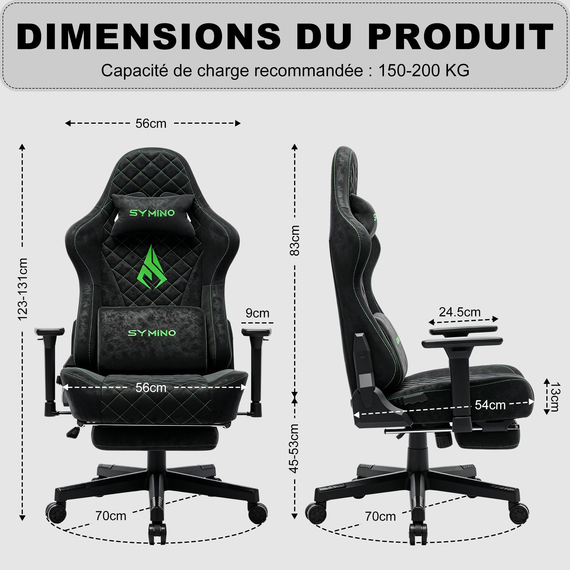 Symino Chaise Gamer Ergonomique - Fauteuil de Bureau avec Repose-Pieds Télescopique, Support Lombaire et Hauteur Réglable - 200kg (Simili Cuir Black)