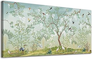 ADJUVANT Wall Art Vintage Garden Scene 40" L x 20" W, Blooming Tree with Birds and Animals Canvas Painting Nature Artwork Floral Prints Farmhouse Wall Decor for Living Room Bedroom