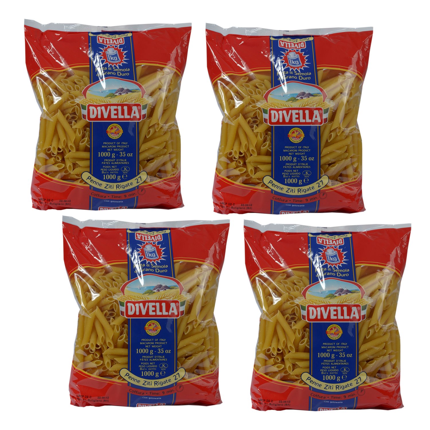 DIVELLA Penne Ziti Rigate 1000 g – N27, 4er-Pack