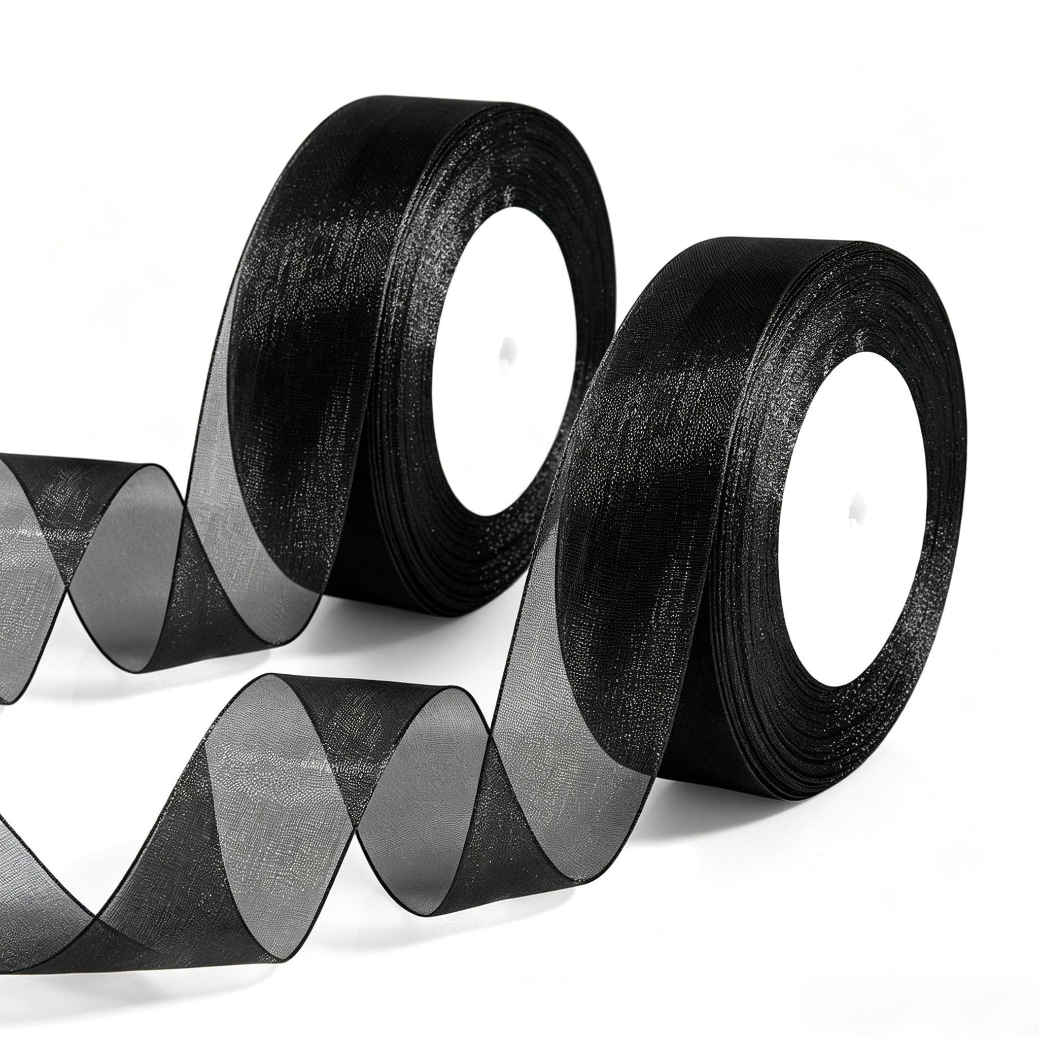 2PCS Organza Black Ribbon 25mm 100Yards for Crafting Black Ribbon for Gift Wrapping Chiffon Ribbons for Bows Wedding Birthday Party Decoration DIY Sewing Project Florist Flower Halloween Christmas