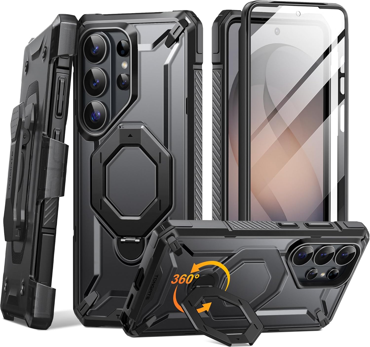 TONGATE for Samsung Galaxy S26 Ultra Case with 360° Spin Magnetic Stand, Compatible with MagSafe, Built-in Screen Protector & Belt Clip, Non-Slip Military Grade Protection Case for S26 Ultra, Black
