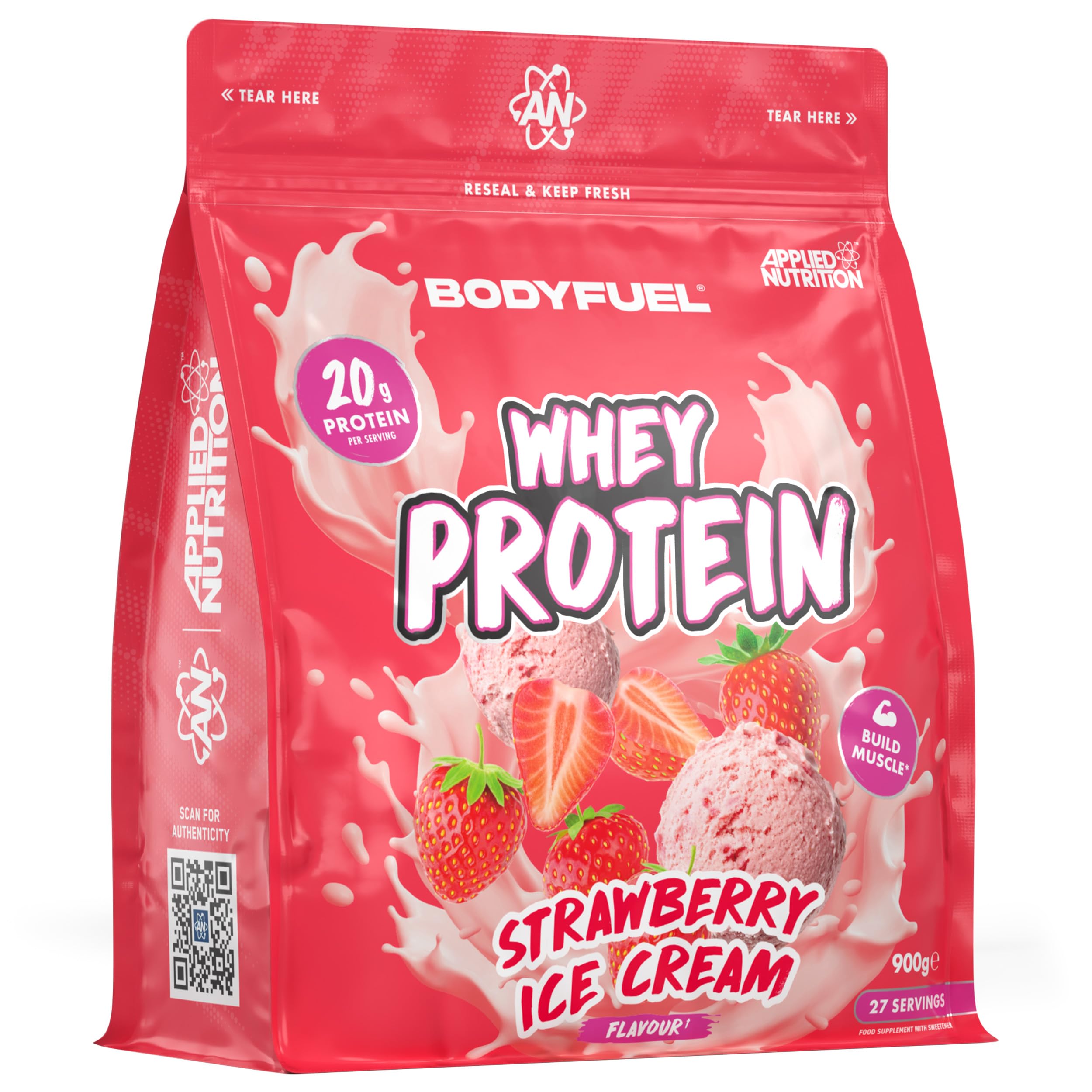 Bodyfuel Whey Protein Powder - 20g Protein for Muscle Recovery & Weight Management - Low-Calorie, Keto-Friendly - (900g - 27 Servings) (Strawberry Ice Cream)