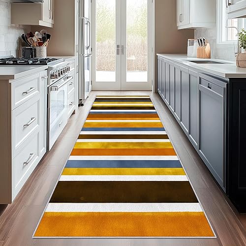 Miniatura 15 de Alfombra retro de los años 70 de 3 x 8 pulgadas, alfombra de pasillo vintage geométrica negra, blanca y naranja, antideslizante, lavable, alfombra