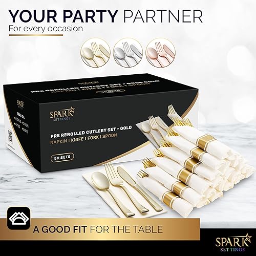Vista 17 de Cubiertos de plástico de oro rosa – Juego de 50 servilletas y cubiertos preenrollados, elegante juego de cubiertos de plástico envuelto