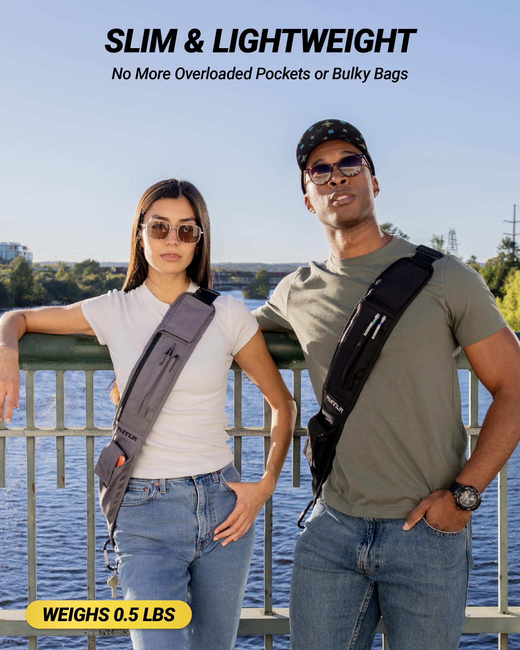 Scosche PocketSling Crossbody Sling Bag mit 6 Taschen, inklusive Wasserflaschenhalter und Handyhalterung für Reisen, Spazierengehen, Fitnessstudio und tägliche Bewegung, leichte Crossbody-Tasche für