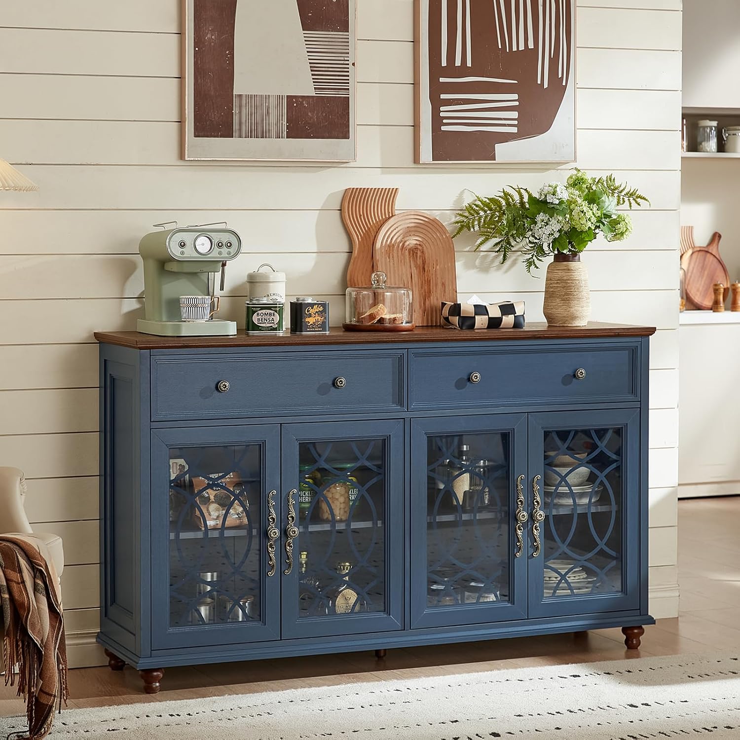 Farmhouse Sideboard Buffet Cabinet with Storage,59" Large Credenza with 4 Glass Doors & 2 Drawers,Adjustable Shelves Console Table,Wood Kitchen Coffee Bar for Dining Room,Living Room,Navy Blue
