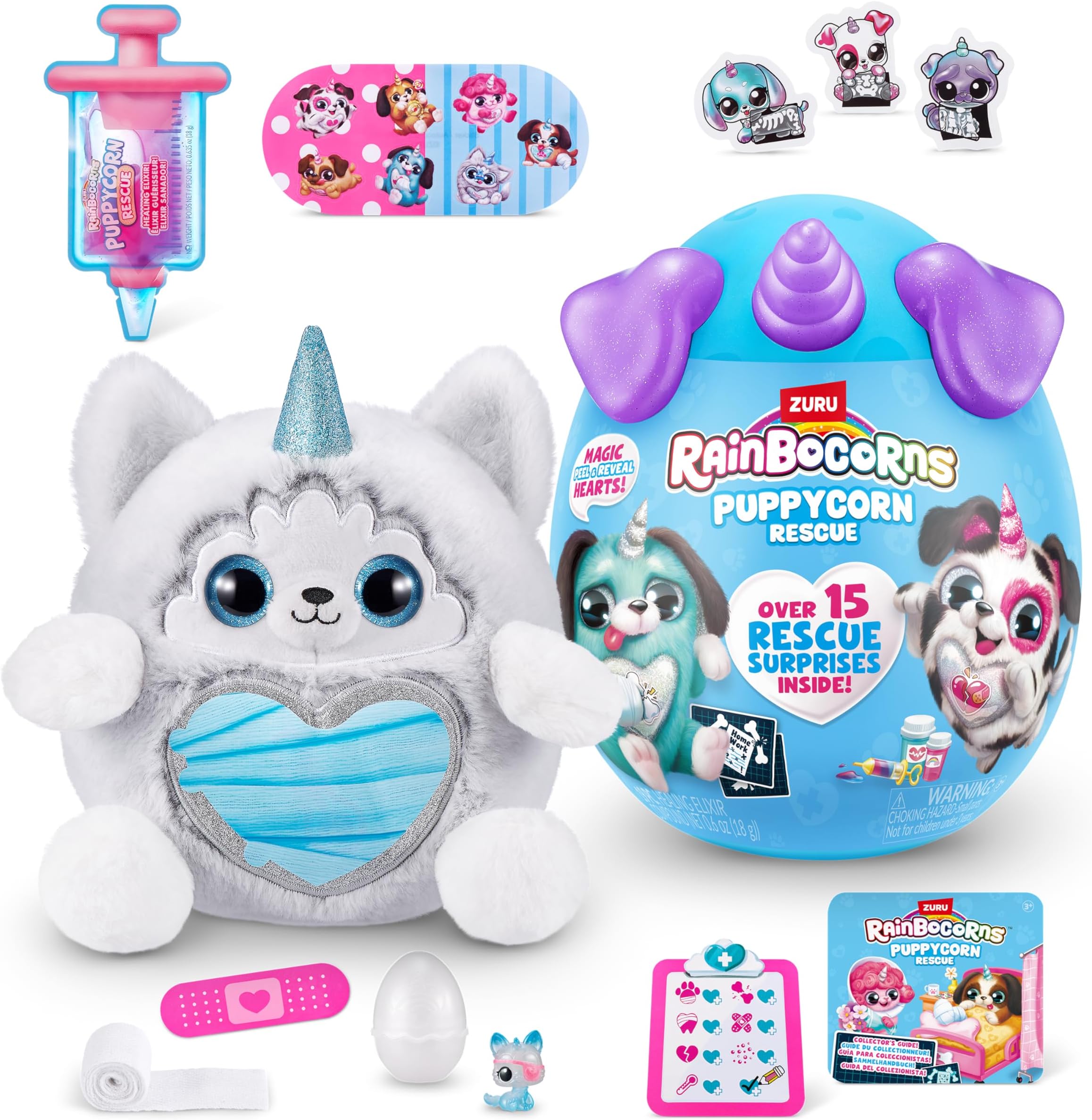 Puppycorn Rescue Surprise, Miss T the Husky - Collectible Plush - Over 12 Surprises, Peel and Reveal Heart, Stickers, Syringe Slime, Ages 3+ (Husky)