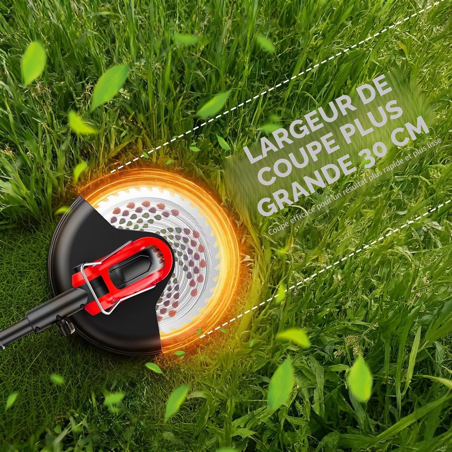 Débroussailleuse Electrique sans Fil 12", Coupe-Bordure Électrique sur Batterie 2×21V 3.0Ah avec Roues, 4 Types Lames Interchangeables, Tondeuse Multifonction 4-en-1 Dresse-Bordures pour Jardin