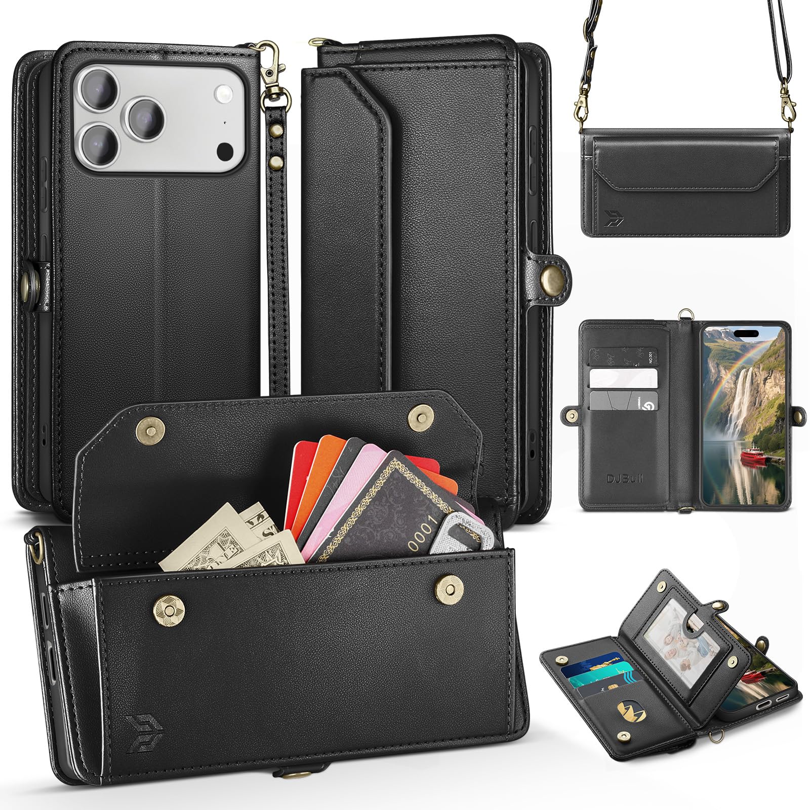 Photo 1 of DJBull for iPhone 17 Pro Max 6.9" Wallet Case with Card Holder, Shoulder and Wristlet Straps, Soft PU Leather, Magnetic Snap, Flip Phone Case for Women Men for Apple 17 Pro Max Black