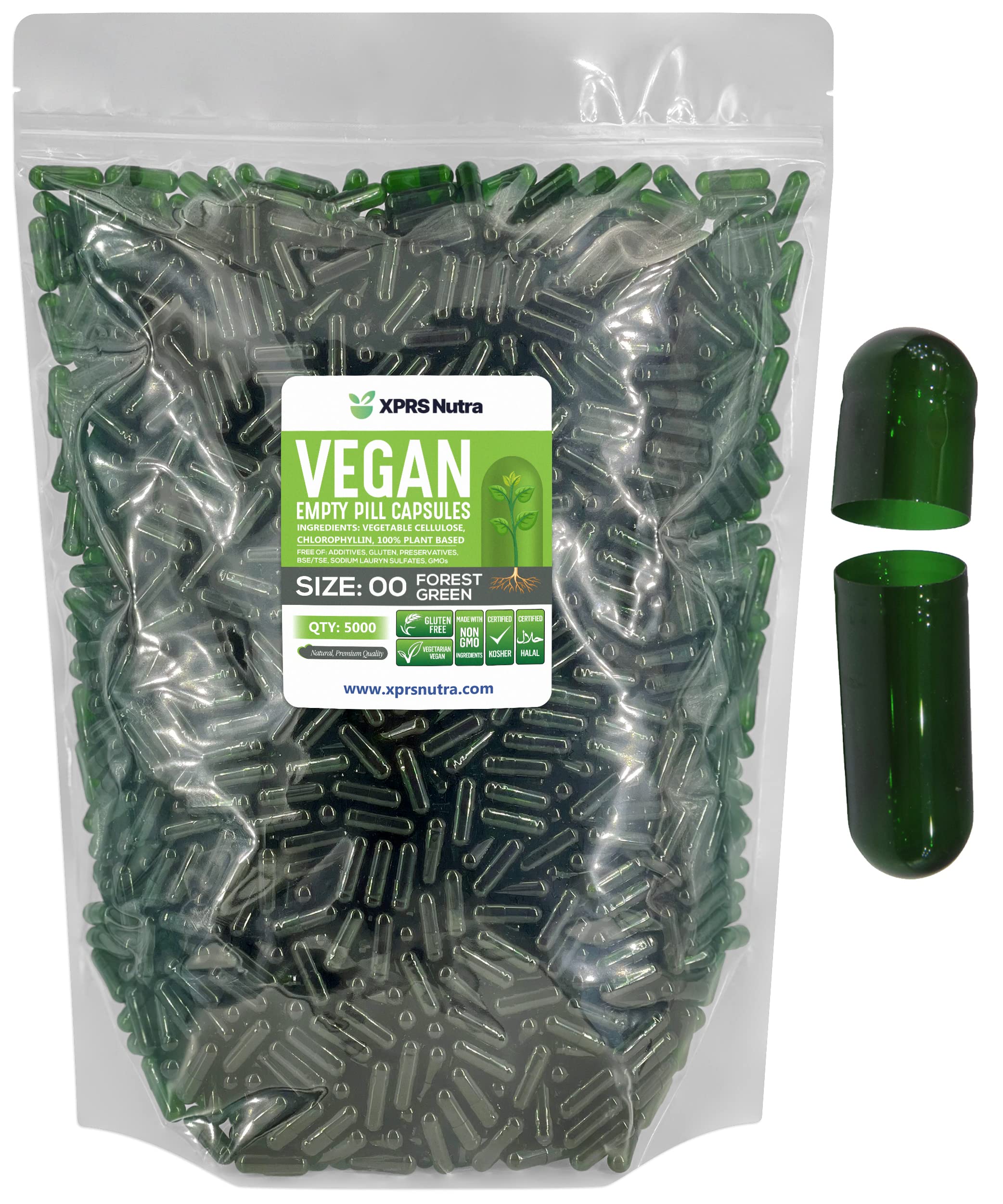 XPRS Nutra Size 00 Empty Capsules - 5000 Count Empty Vegan Capsules - Vegetarian Empty Pills - DIY Vegetable Capsule Filling- Veggie Pill Caps (Forest Green)