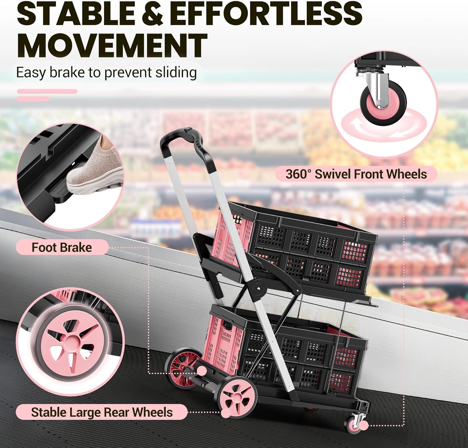 8-in-1 200LBS Collapsible Shopping Cart, Multi Functional Utility Cart with 2 Storage Crate,Adjustable Handle Grocery Cart on Wheels for Shopping, Warehouse, Office, Supermarket, Pink
