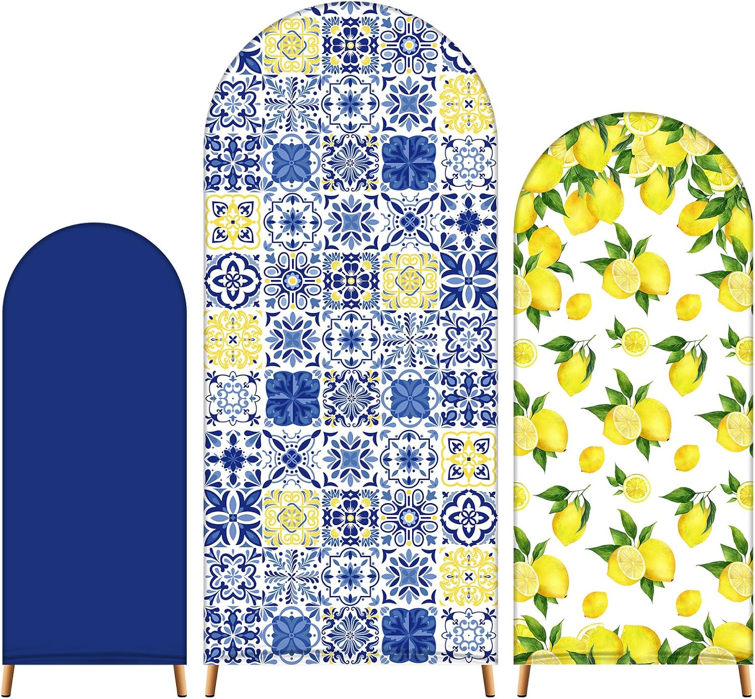 Tingjoo Set of 3 Amalfi Coast Wedding Arch Backdrop Cover, 4ft, 5ft, 6ft Mediterranean Blue Tiles Lemon Birthday Party Decoration, Spandex Arch Stand Covers for Wedding Party, Stands Not Included