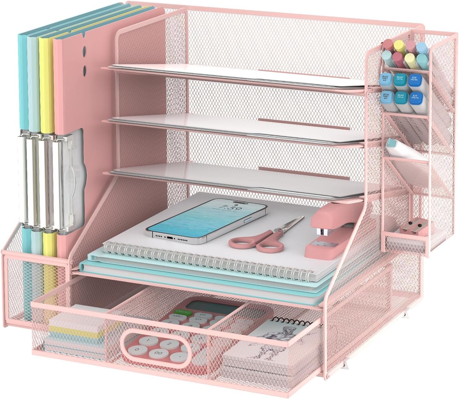 Schreibtisch Organizer mit Aktenhalter, 5-Tier Mesh Papier Brief Tray Organizer mit Stifthalter und Schublade für Bürobedarf, Rosa