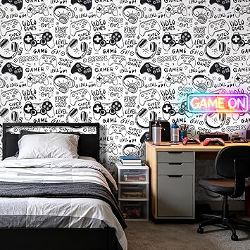 ICOOP Black and White Gamer Peel and Stick Wallpaper for Dorm 17.5"x276" | Black White Fun Doodle Game Controller Gamepad Print, Removable Vinyl, Play Level Up Contact Paper for Game Room, Boys Room