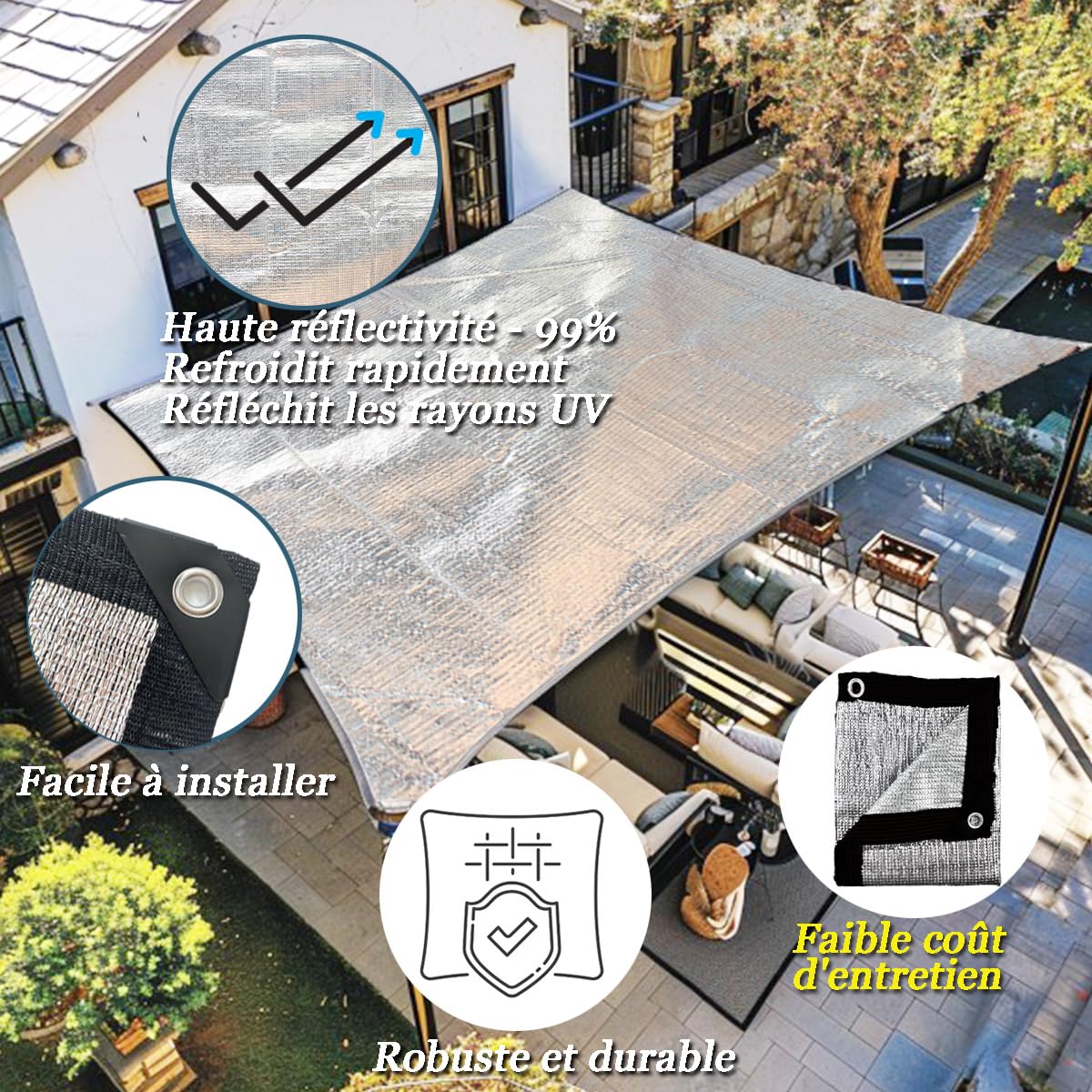 BeGrit Filet D'ombrage Aluminium 2x2m Filet de Protection Solaire Voiture Refroidissement 95%-99% Filet de Protection Soleil Frais Chien Voile Ombrage Aluminium Exterieur avec œillets Jardin Plante
