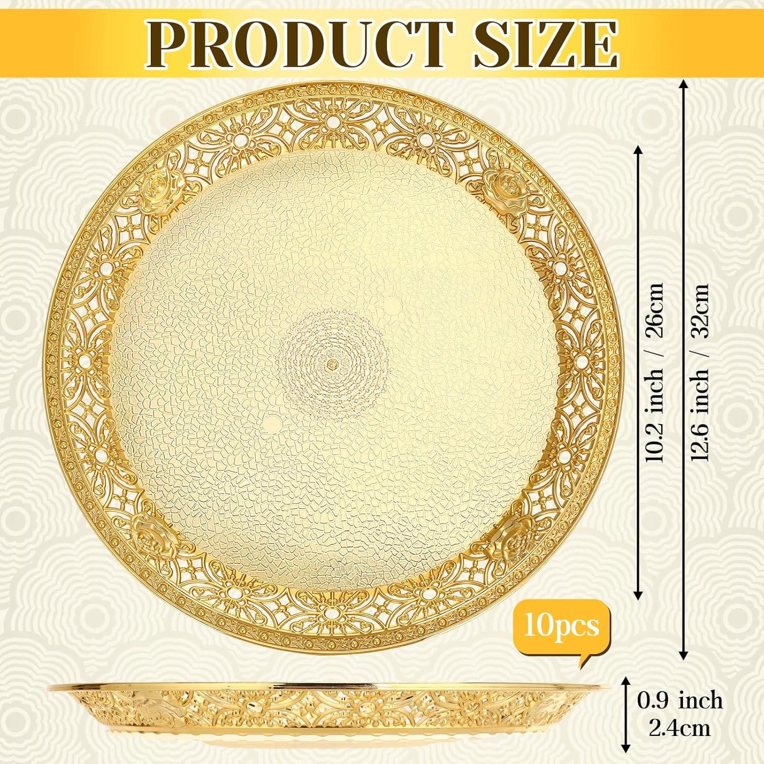 10 Pack Gold Plastic Plates Bulk Round Ottoman Turkish Serving Tray with Traditional Motifs Reusable Decorative Gold Platter for Coffee Tea Dessert Fruit Wedding Party Buffet(12.6 Inch)