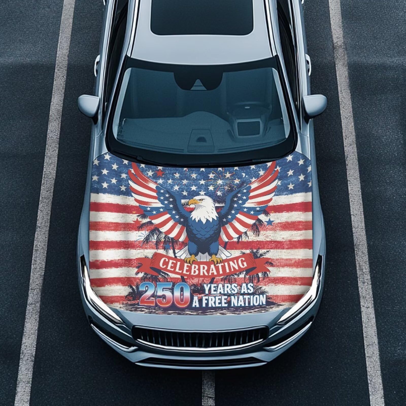 Bald Eagle Car Hood Protector, 250 American Flag Can be Washed Automotive Exterior Accessories, Independence Day Car Hood Decoration and Protection(3X5FT)
