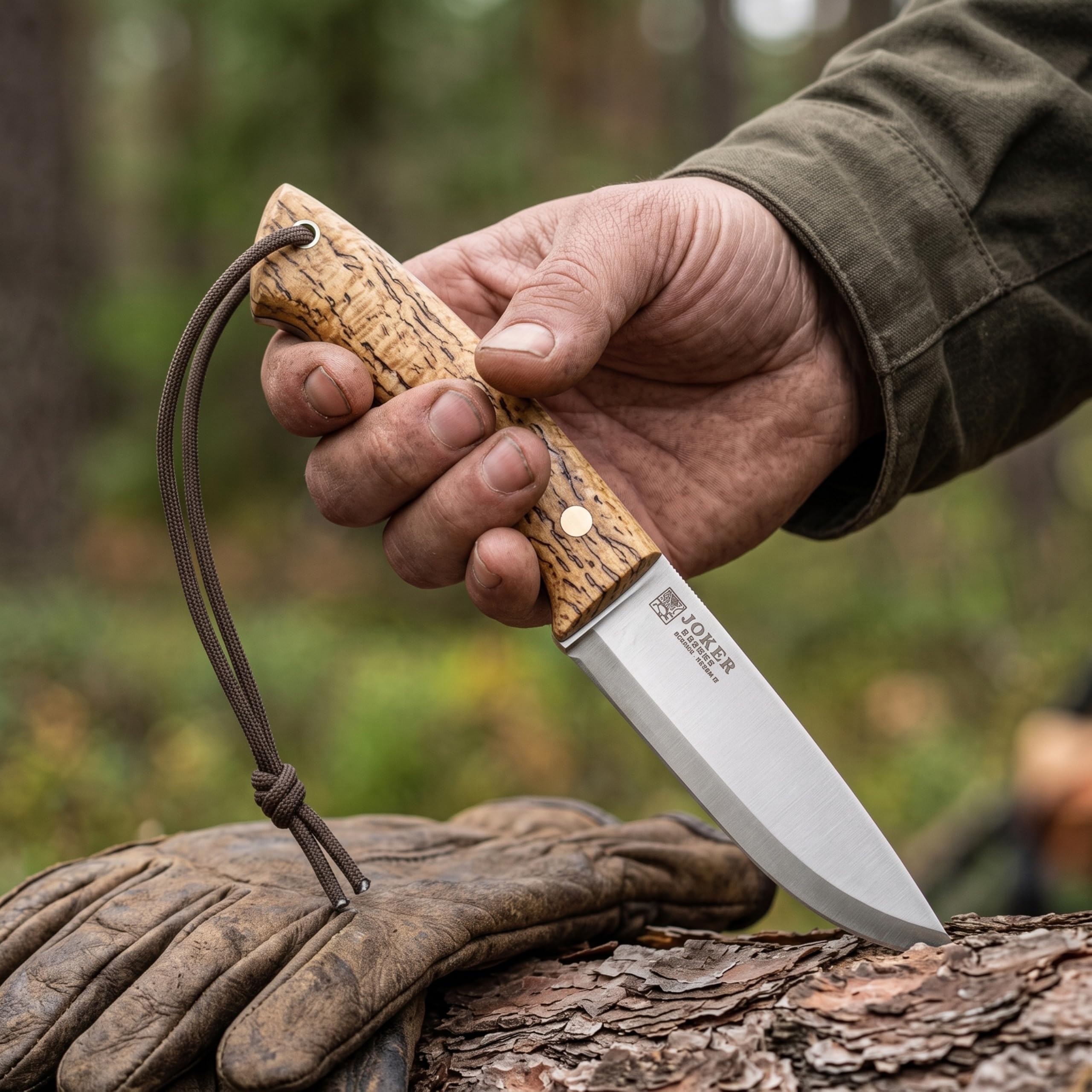 Joker CL143-P Jagdmesser Ranger – 11 cm Klinge, Griff aus Maserbirke, braune Lederscheide mit Feuerstahl – Outdoor-, Angel-, Jagd- und Campingmesser