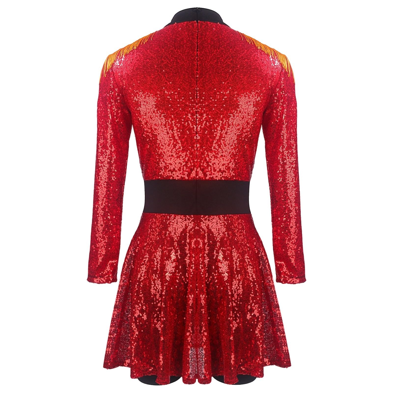 Vestito da donna, costume da circo, con paillettes, gonna a pieghe, a maniche lunghe, con frange, direttore del circo, costume da ballo da donna