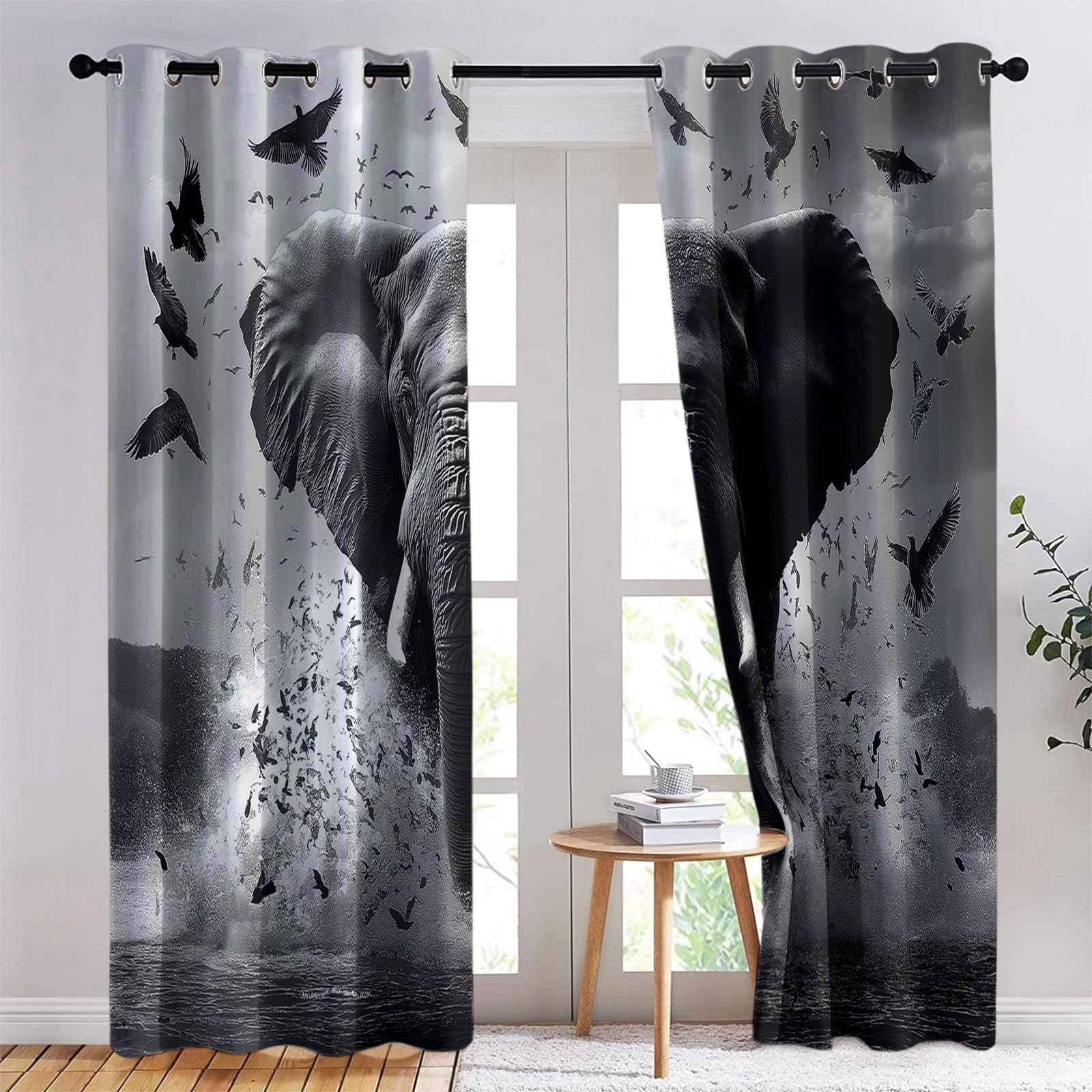 Zasłony Termiczne 140x260 cm Set 2 – Antirumore, Anti-Luce, Elefanti Uccelli, Szary