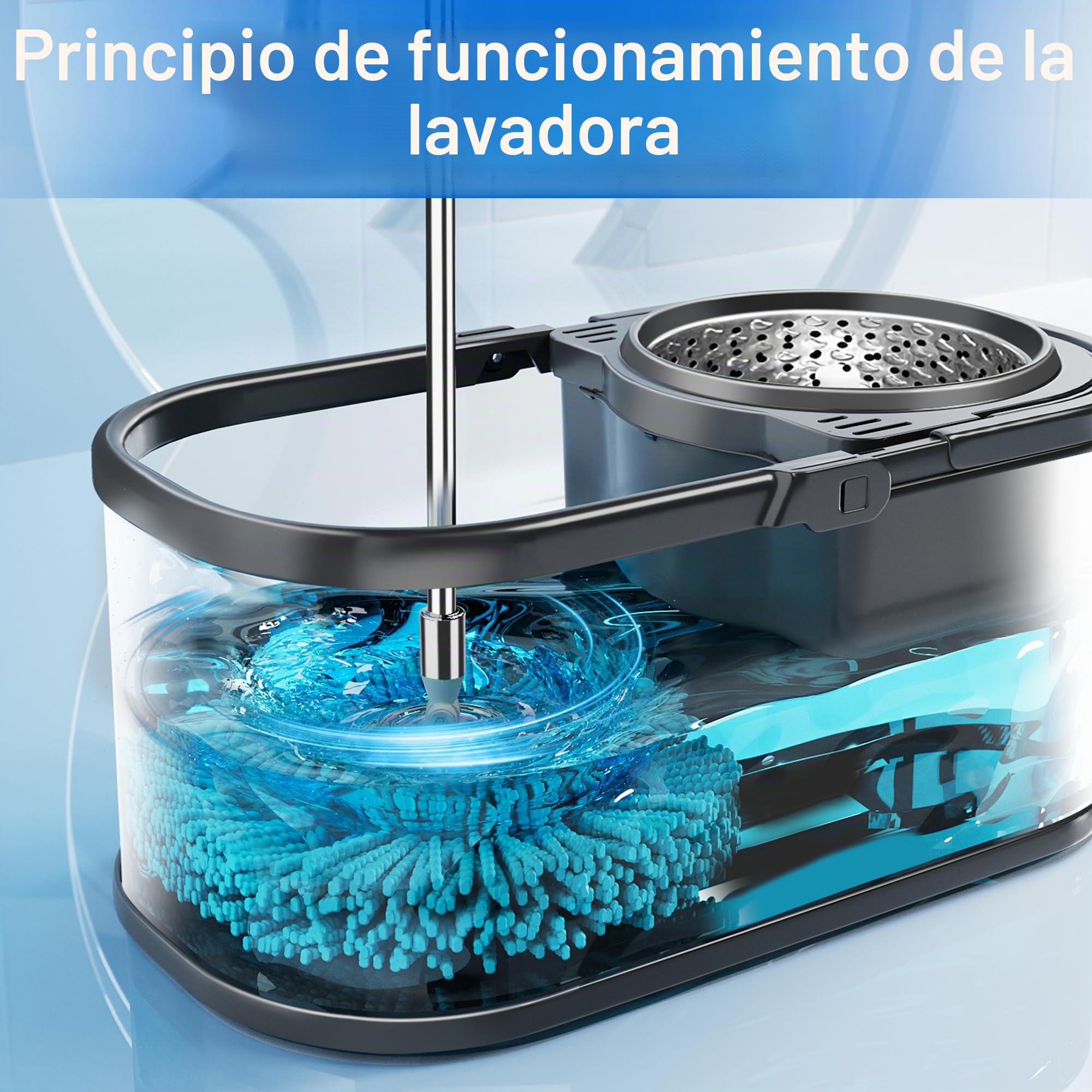 Sistema de Cubo de fregona de Ciclo Giratorio de Acero Inoxidable y Juego de fregona giratoria de 360° para Limpieza de Suelos con 6 Almohadillas de Repuesto de Microfibra, Mango Ajustable de Acero
