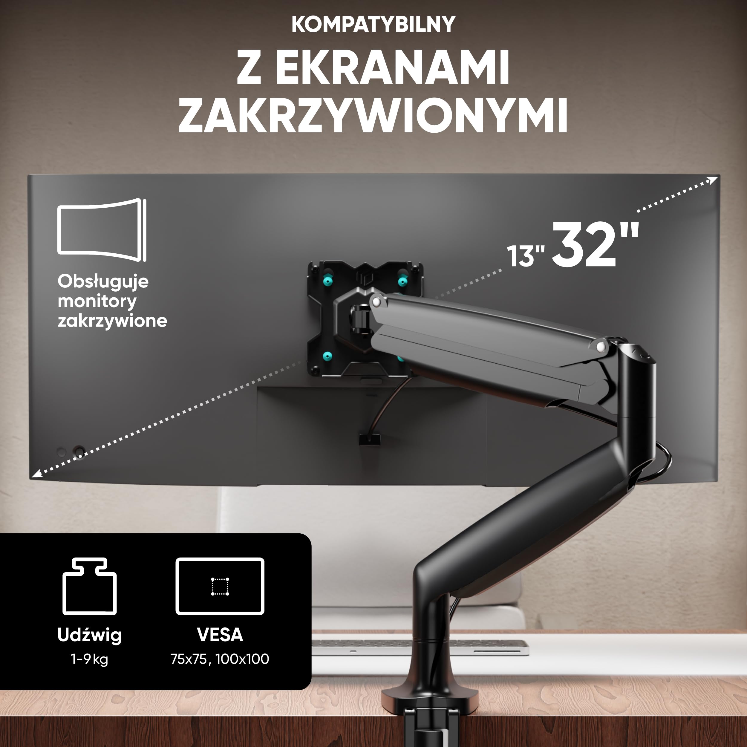 ONKRON Uchwyt do monitora na biurko dla ekranów 13"-32" o maksymalnej wadze 9 kg, Uchwyt monitora PC 1-monitorowy z ramieniem obrotowym i regulowanym kątem nachylenia, Czarny uchwyt na monitor G100-B