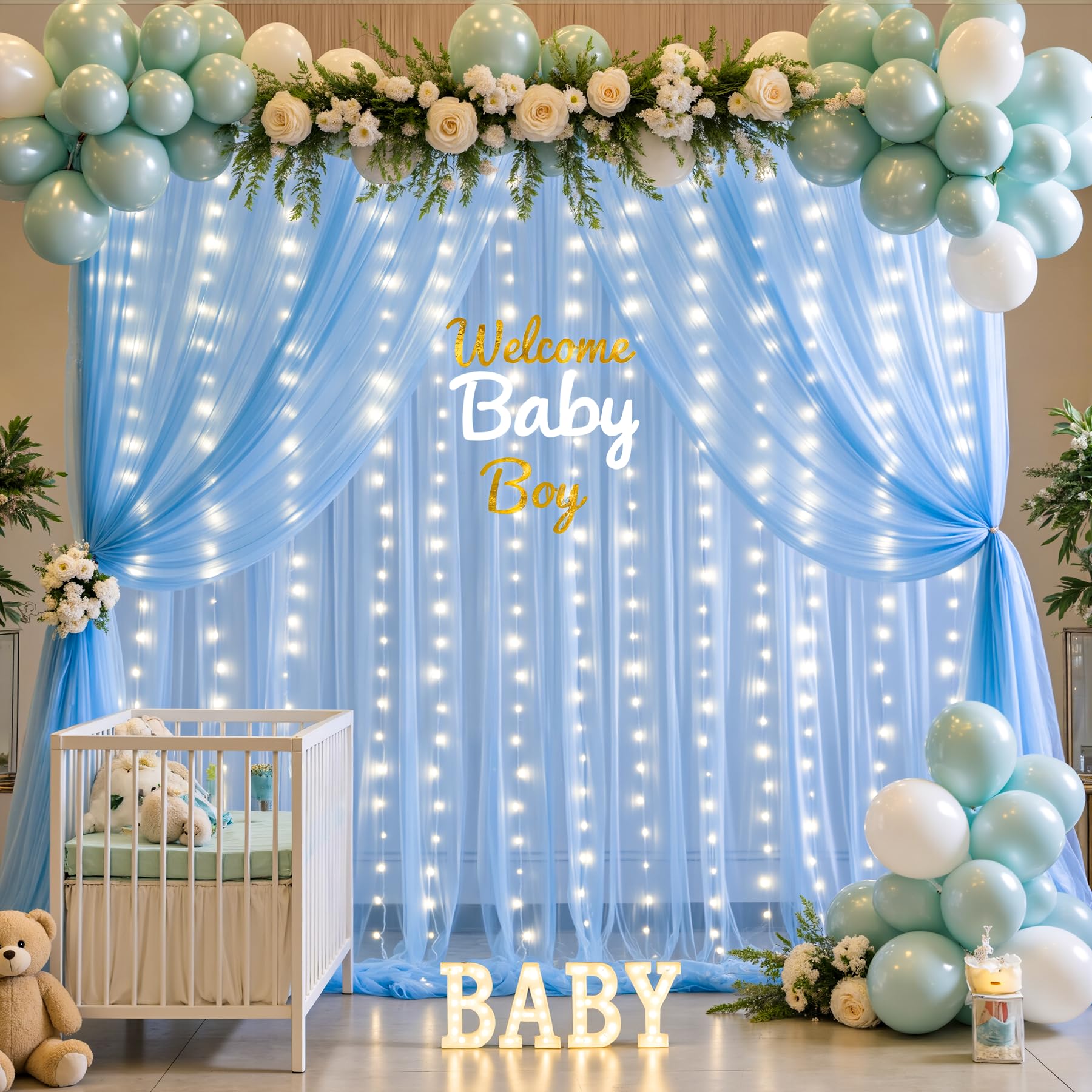 Lot de 2 Rideaux en Tulle Transparent avec Guirlande Lumineuse pour fête d'anniversaire, fête prénuptiale, décoration Murale Bleu Layette 1,5 x 3 m