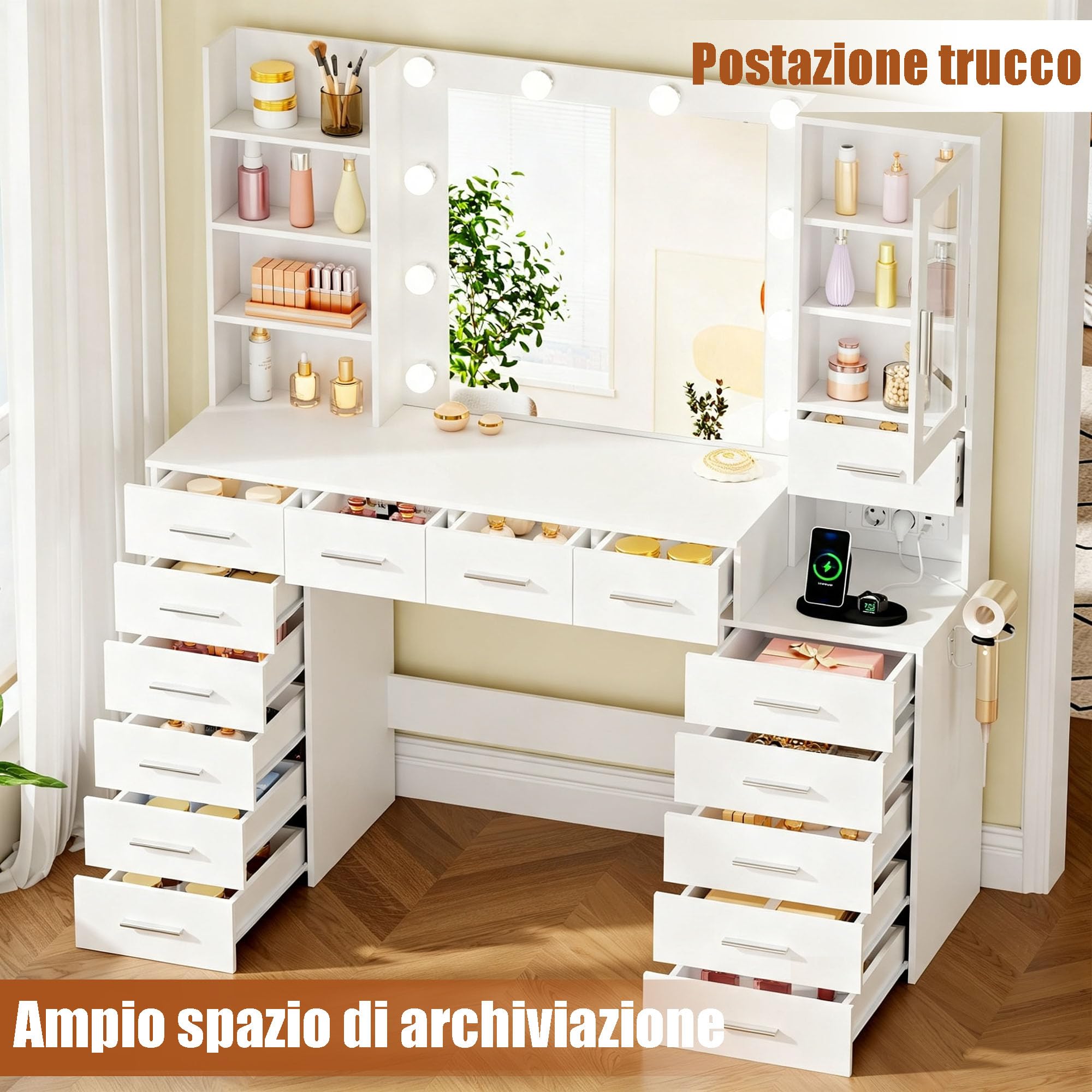 ANWBROAD Grande Toeletta con Specchio e Luci, Luminosità Regolabile, Bianco | Toeletta Trucco con Prese, Tavolo da Trucco con 15 Cassetti e 7 Ripiani Aperti per Camera da Letto Postazione Trucco BDT37W