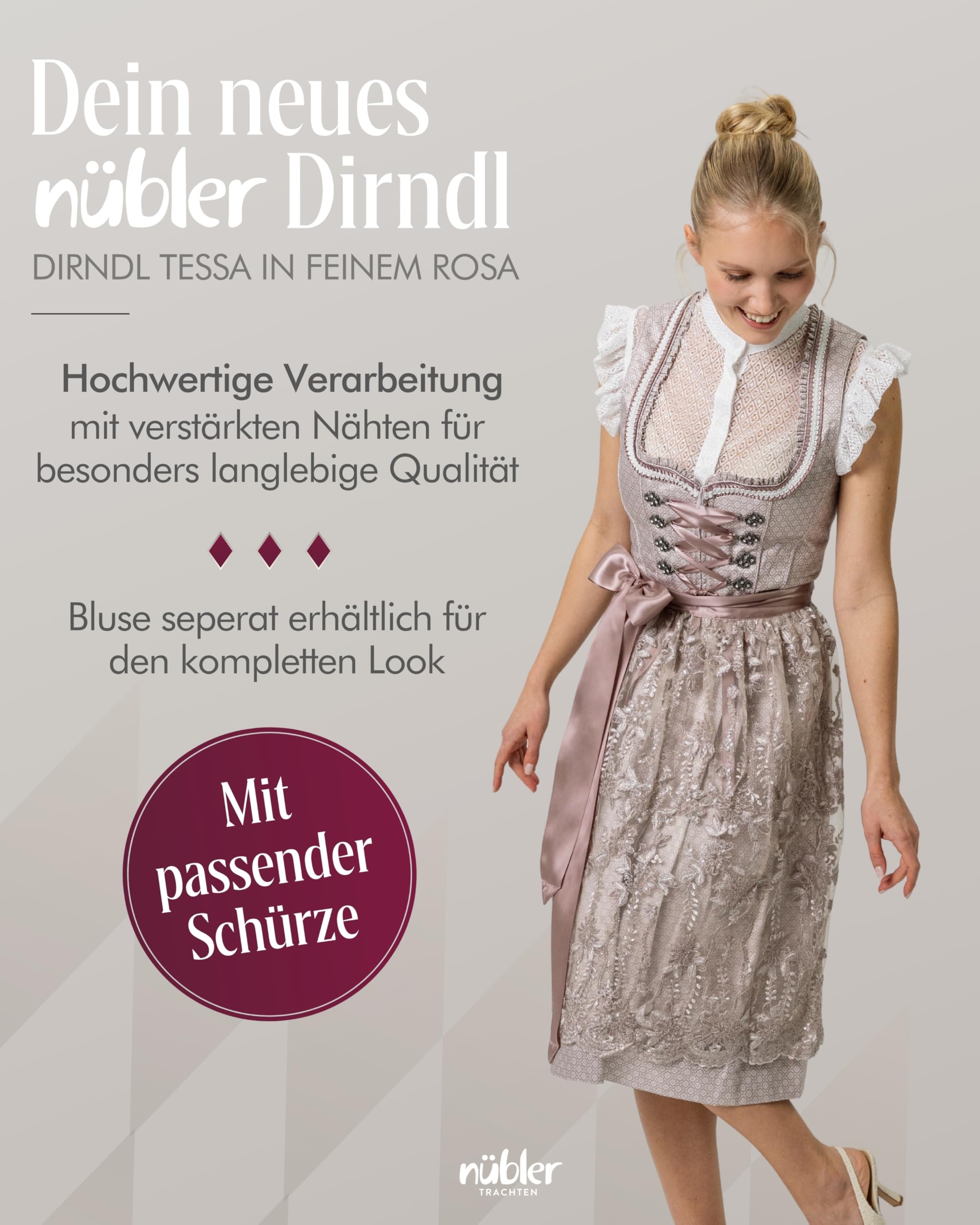 Nübler Damen Dirndl Tessa I Größen 30-48 I Midi-Dirndl mit Rocklänge 65 cm & passender Schürze I Festliches Trachtenkleid mit modernem Schnitt & dezenten Details I Ideal für Trachten & Festlichkeiten