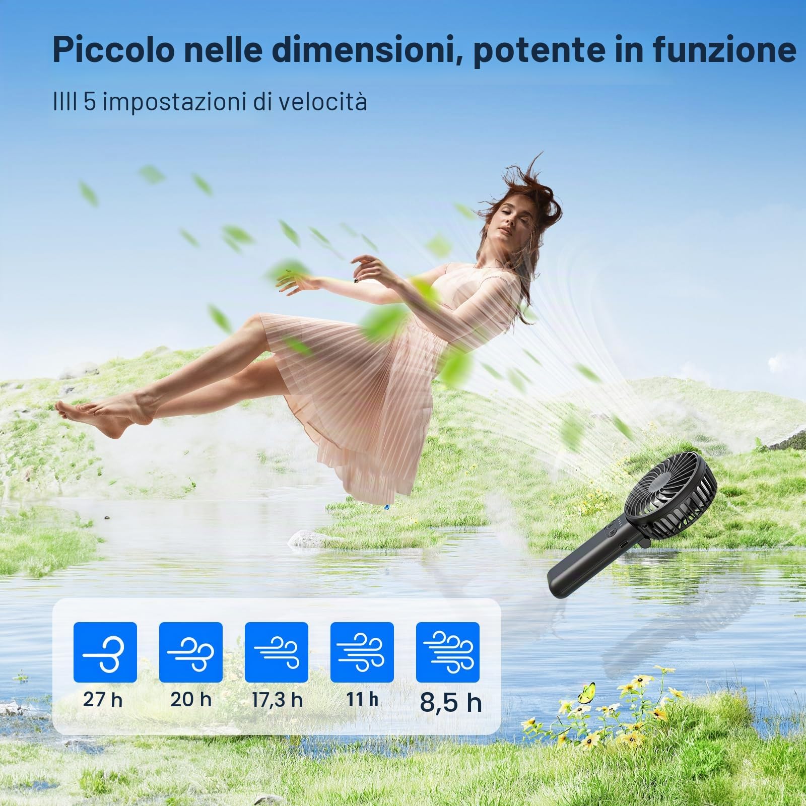 HandFan 5200mAh Mini Ventilatore Portatile con Power Bank, Ventilatore Personale Ricaricabile USB, Potente Ventilatore Piccolo, Ventilatore a Batteria, per Viaggi Concerti Disney Nero